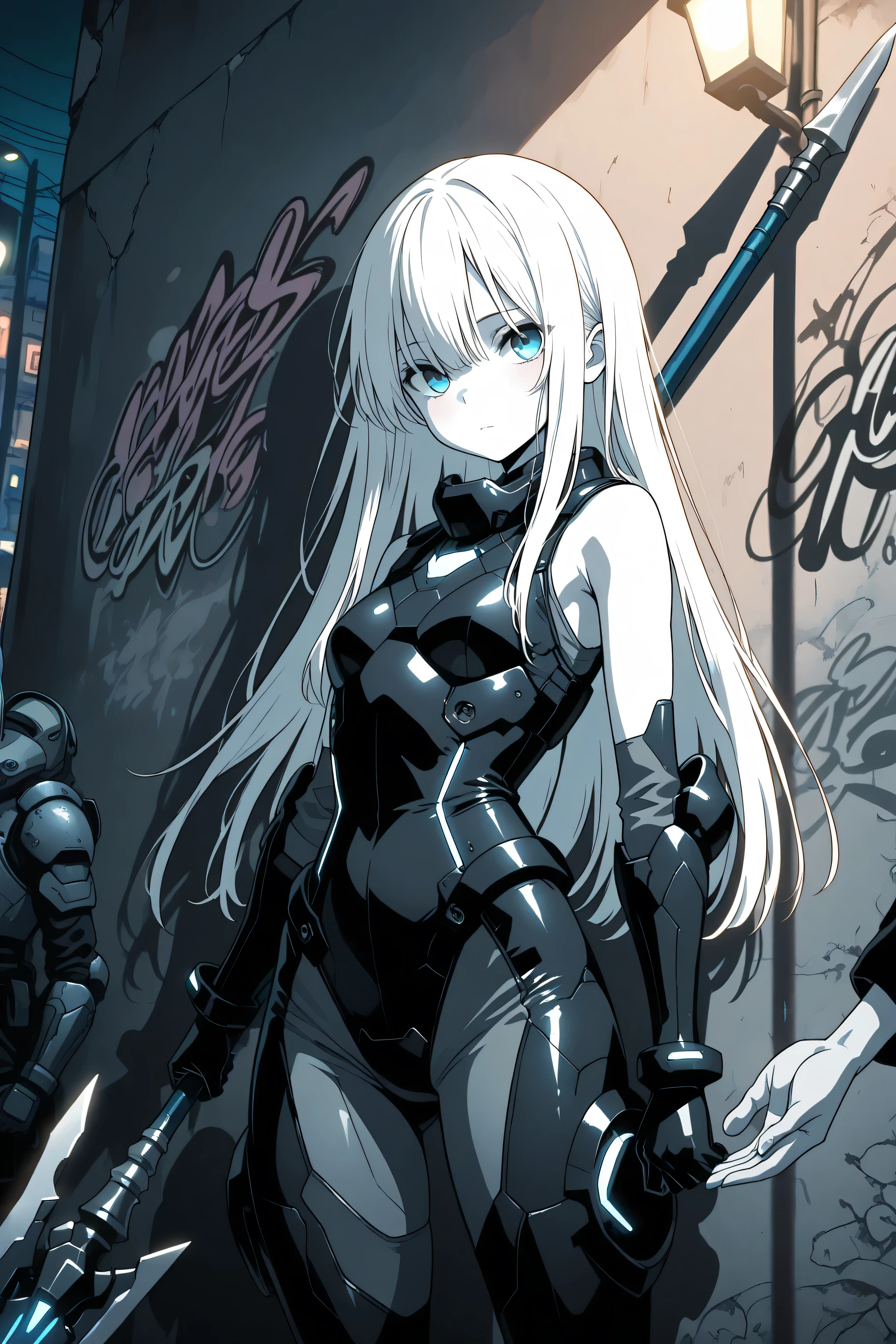 masterpiece, best quality, photography, ultra high resolution, faded color, an anime girl, cute face, armored girl, slender body, clear skin, mechanical spear, spear aimed, (Hold the spear with one hand), blue eyes, absolutely white hair, long hair, straight hair, battle suit, combat armor, high-leg, sleeveless, bodysuit, graffiti, urban, slum, night, night time, concrete wall, shadow, detailed eyes, cute eyes, street light, grayscale