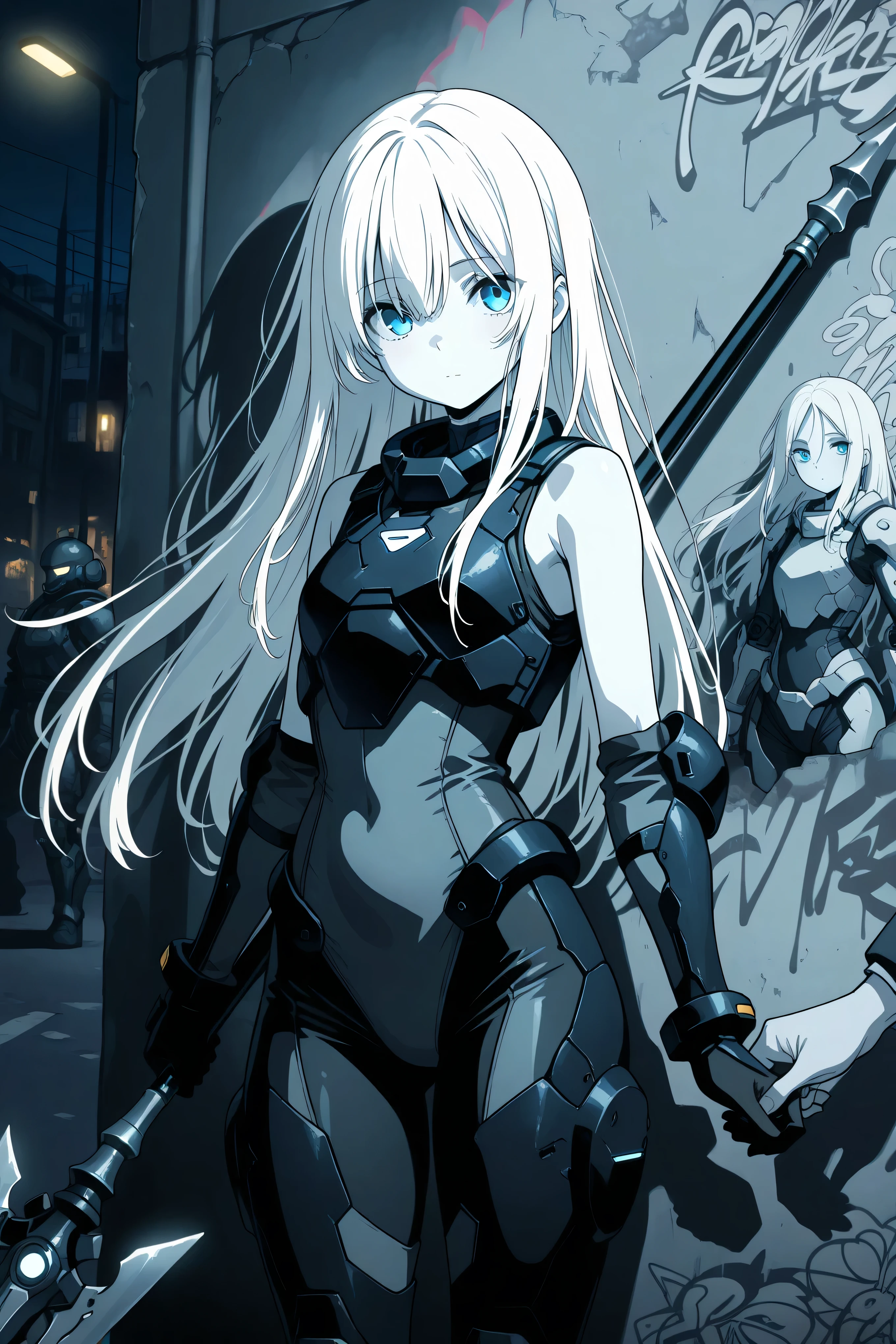 masterpiece, best quality, photography, ultra high resolution, faded color, an anime girl, cute face, armored girl, slender body, clear skin, mechanical spear, spear aimed, (Hold the spear with one hand), blue eyes, absolutely white hair, long hair, straight hair, battle suit, combat armor, high-leg, sleeveless, bodysuit, graffiti, urban, slum, night, night time, concrete wall, shadow, detailed eyes, cute eyes, street light, grayscale