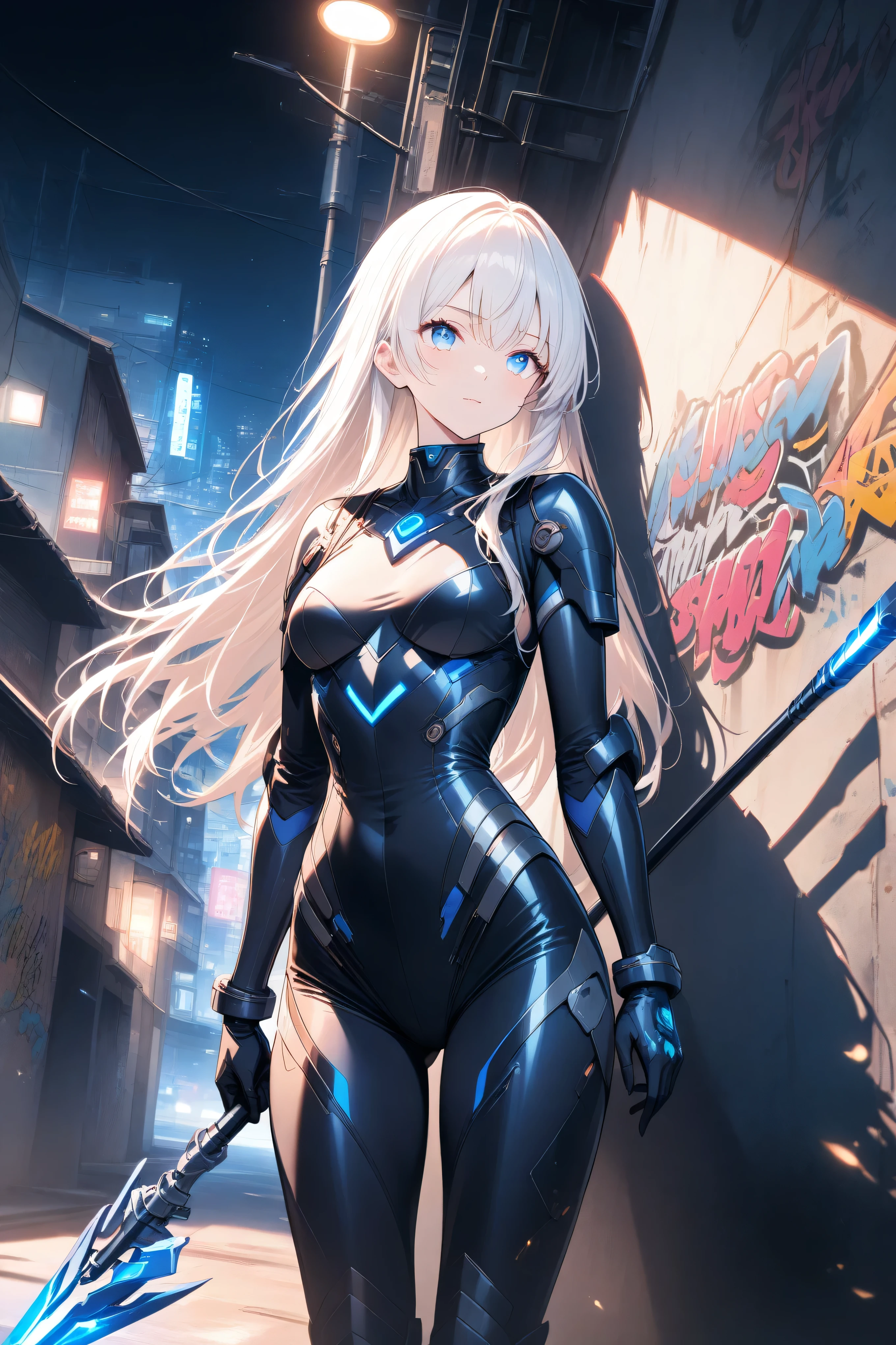masterpiece, best quality, photography, ultra high resolution, faded color, an anime girl, cute face, armored girl, slender body, clear skin, mechanical spear, spear aimed, (Hold the spear with one hand), blue eyes, absolutely white hair, long hair, straight hair, battle suit, combat armor, high-leg, sleeveless, bodysuit, graffiti, urban, slum, night, night time, concrete wall, shadow, detailed eyes, cute eyes, street light, grayscale
