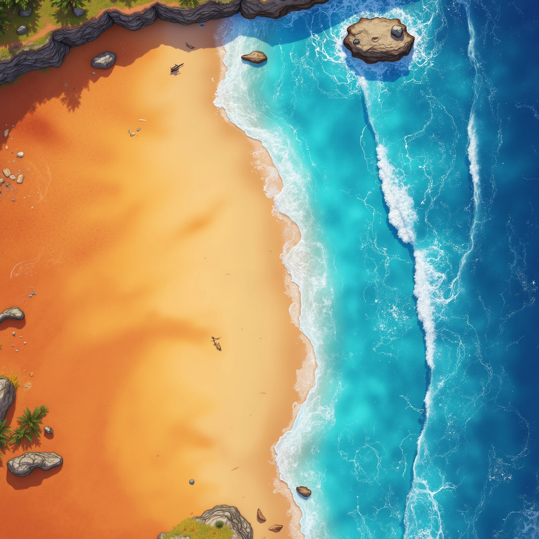 RPGmap, 2D planar image, wild beach, coastline , orange sand, blue water, without shadows