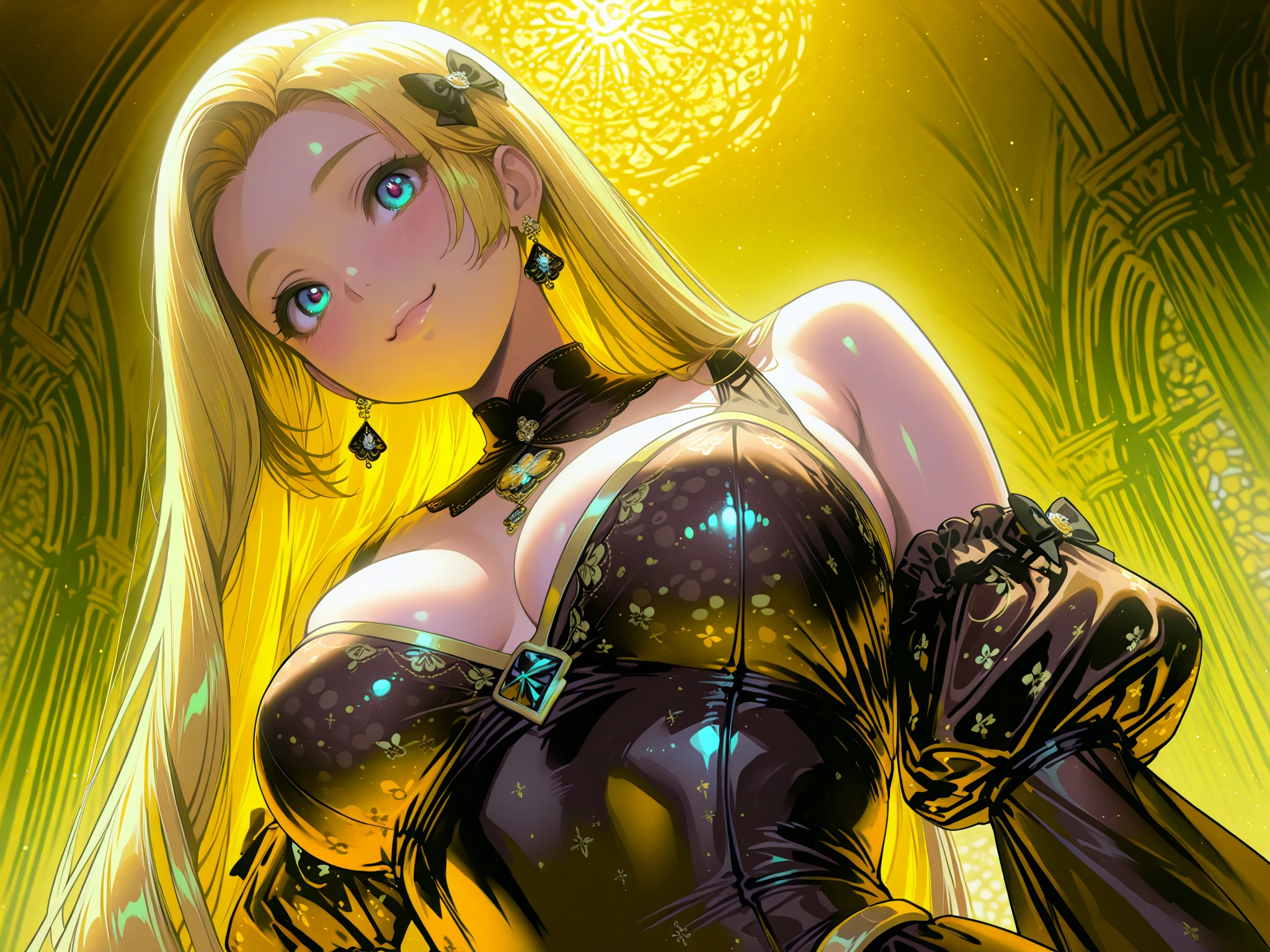 A female milf with long distinctive blonde hair, green eyes, corpo volumoso com ????? e busto enormes, b, sysie high definition details, fotografia, perspicacity, unique 850 4, Koda850 k portrait camera, Primavera F1.6, cores ricas, Textura super realista, textura de luz espetacular, arte surreal, Cinestil 800 mecanismo de moda. ???? demon outfit