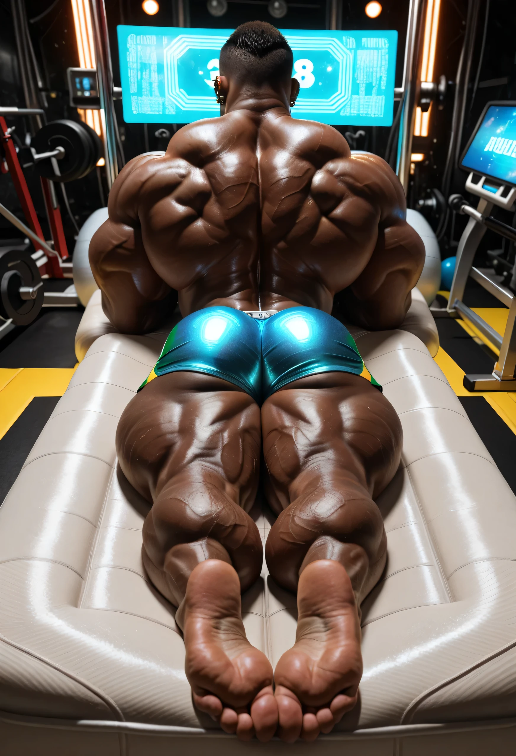 masterpiece, best quality, amazing quality, high quality, Very Awa, RAW photo, (Perfectly Photorealistic Style), (Perfectly Anatomically Correct). (Human), (1boy:1.2), (Huge Adult Male muscular bara Human Brazilian Man), Himbo, Very Masculine, Huge Man, (Dark Body:1.4), (Perfectly Realistic Brazilian Man Dark Skin:1.4), (Perfectly Realistic Brazilian Man Dark Skin Texture:1.4), Huge Hyper Veiny Bulging Muscle:2, Huge Bodybuilder Physique, Huge Bulging Pectoral, Huge Wide Broad Chest, Huge Bulging Abs, Huge Wide Broad Shoulders, Huge Wide Broad Back, Eight-Pack abs, Huge Pecs, Protrusion, Huge Thick Legs, Strong Body. (Realistic Detail Hazel Eyes:1.4), Perfectly Realistic Detail Bara Human Handsome Male Young Brazilian Face, hairy chest, hairy back, hairy legs, hairy thighs, hairy arms, pubic hair, (Brazilian Male Short Kinky Haircut in a tapered fade haircut, clean edges:1.4), (Brazilian Male light stubble beard, subtle facial hair style with even shadow:1.4), Huge muscular butt:2. Ear piercings, Rings, (Realistic Human Hands), (Natural Palms color:1.2), (5 fingers:1.2), (Fingernails), (Realistic human feet), (5 toes:1.2), (Natural Soles of Feet Color:1.4), (huge size 20 feet:1.4), (10 feet tall:1.4). (In a Realistic Futuristic Gym, neon-lit workout areas with holographic gym-equipment, rocky interior:1.4), (Solo), looking at the viewer:1.8, (back view:1.8, facing away:1.8), (lying on stomach:1.8), hand on his own cheek, showing his soles of feet, (Feet Focus:1.5), (focus face:1.5), close up face, smug smirk. (Wearing a small tight transparent Cheeky Jean Shorts:1.4), Uncensored, (Puffy Dark Nipples).