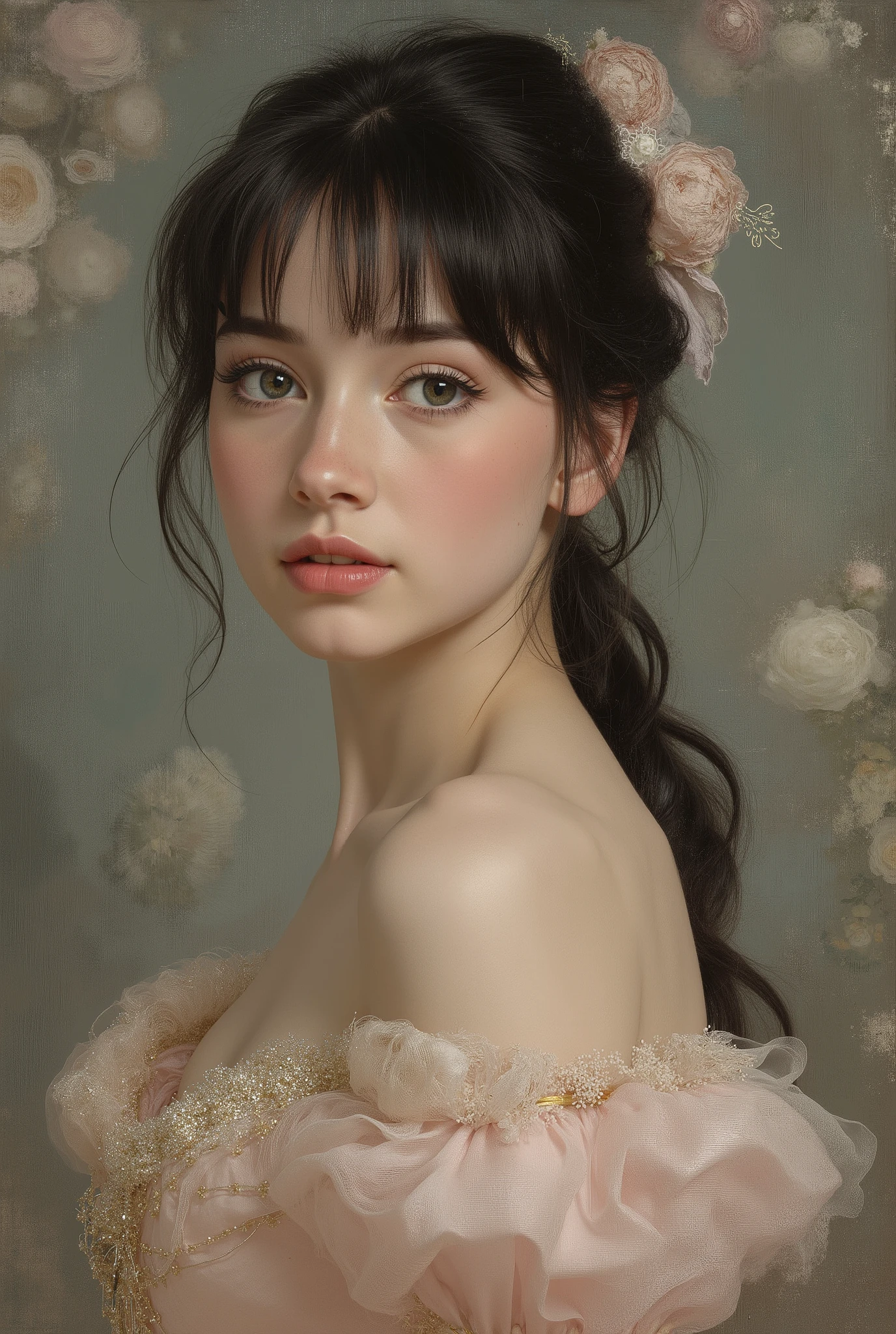 (highres,masterpiece:1.2),(realistic:1.37)"(best quality, highres, ultra-detailed, realistic),beautiful 19th-century portrait of a 16-year-old French ballet dancer, (She is half French and half Japanese, and is a stunning beauty with dark blue eyes and a high nose:1.1), elaborate ballet costume, detailed facial features, long graceful neck, flowing locks of hair, poised and elegant posture, soft and delicate lighting, classic oil painting medium, vibrant colors, subtle background with floral motifs", dreamy atmosphere, Surrealism,mystical aura