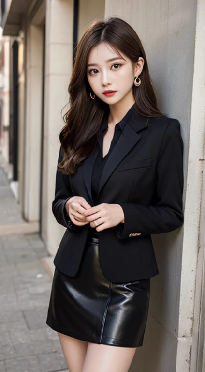 (Best Quality, 8K:1.1),(Slim Beauty:1.4),(C Cup:1.3,Beautiful:1.2),High School Student, Blazer,Dress Shirts,Black Tight Skirt,(Necklace:0.4),Handbag,Light Makeup,Round Nose,Super Thin Face,Drooping Eyes,Double Eyelids,(Bangs + Smile:1.2),Perfect Tooth Alignment.