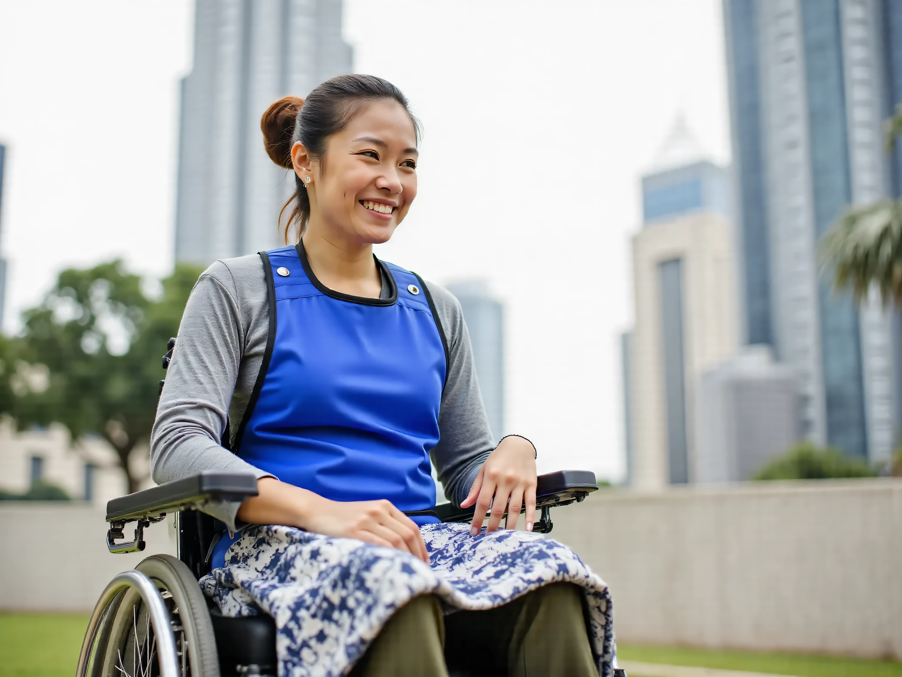 The Outfit:

   The Lead Apron: A standard-issue royal blue polished vinyl lead apron, covering her torso. It's secured with a simple hook-and-loop closure over one shoulder, its weight a familiar presence.

   Top: Peeking out from the apron's neckline and sleeves is a soft, heather gray long-sleeve Henley shirt. The top three buttons are undone, creating a relaxed V-neck. The sleeves are pushed up to her forearms, showing off the comfortable, well-worn cotton.

   Bottoms: For maximum comfort and ease of movement while seated, she's wearing a pair of dark olive green ponte knit pants. They have the look of tailored trousers but the stretch and comfort of leggings, with a flat-front elastic waistband that doesn't bunch or dig in.

   Footwear: On her feet are a pair of mustard yellow slip-on polished leather vinyl sneakers with a white sole. They provide a bright, cheerful pop of color and are easy to put on and take off.

   Accessories:
       Earrings: Simple, small hammered silver disc studs that catch the light.
       Hair: Her hair is styled in a messy-on-purpose top knot, with a few stray strands framing her face.
       On her lap: A thin, patterned wool blanket in shades of cream and navy is draped across her lap for extra warmth and comfort.
A wide strapped red leather wheelchair harness that is thickly padded on her  

LOCATION:

Across the street from a twin tower skyscraper named the petronas Towers