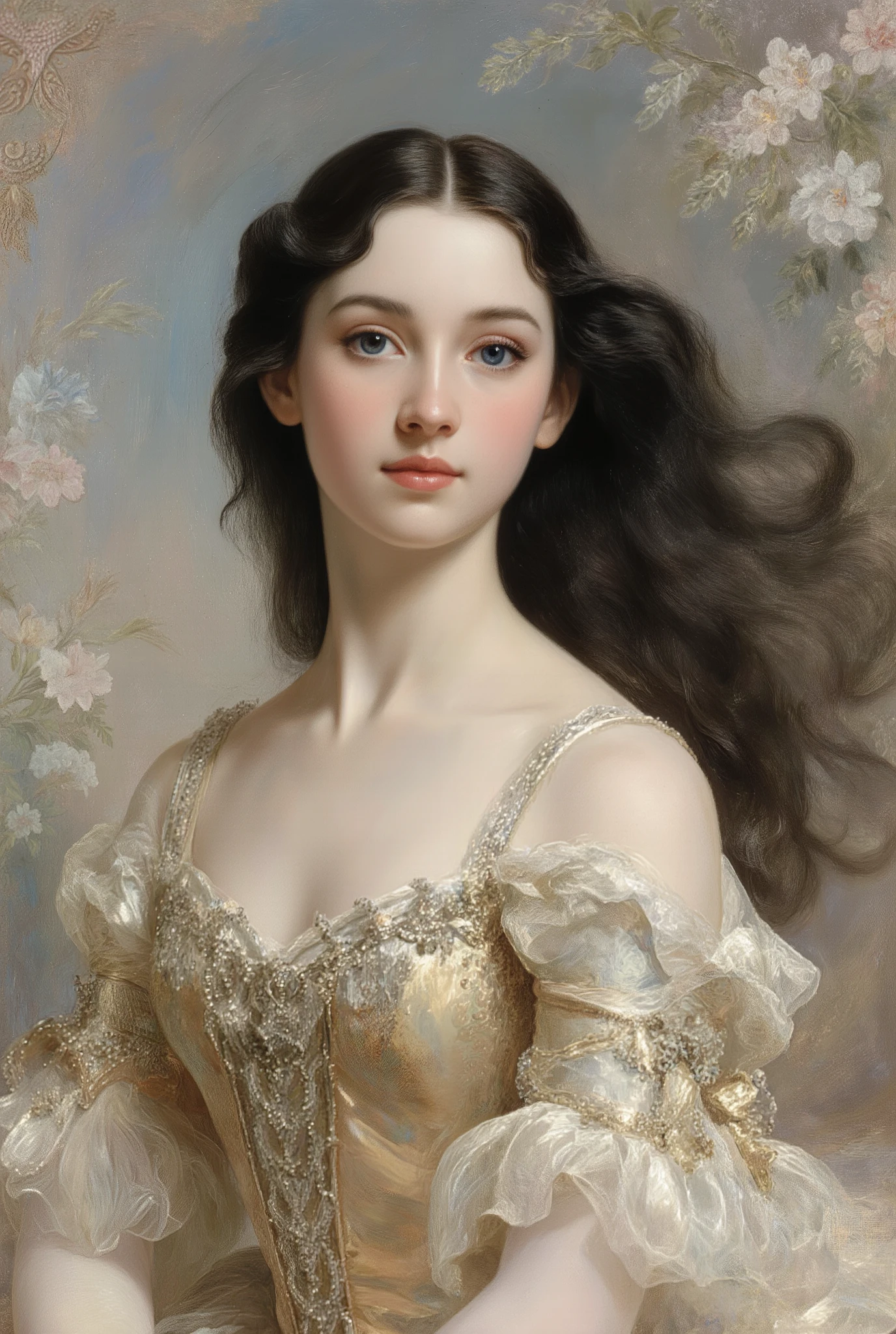 (highres,masterpiece:1.2),(realistic:1.37)"(best quality, highres, ultra-detailed, realistic),beautiful 19th-century portrait of a 16-year-old French ballet dancer, (She is half French and half Japanese, and is a stunning beauty with dark blue eyes and a high nose:1.1), elaborate ballet costume, detailed facial features, long graceful neck, flowing locks of hair, poised and elegant posture, soft and delicate lighting, classic oil painting medium, vibrant colors, subtle background with floral motifs", dreamy atmosphere, Surrealism,mystical aura