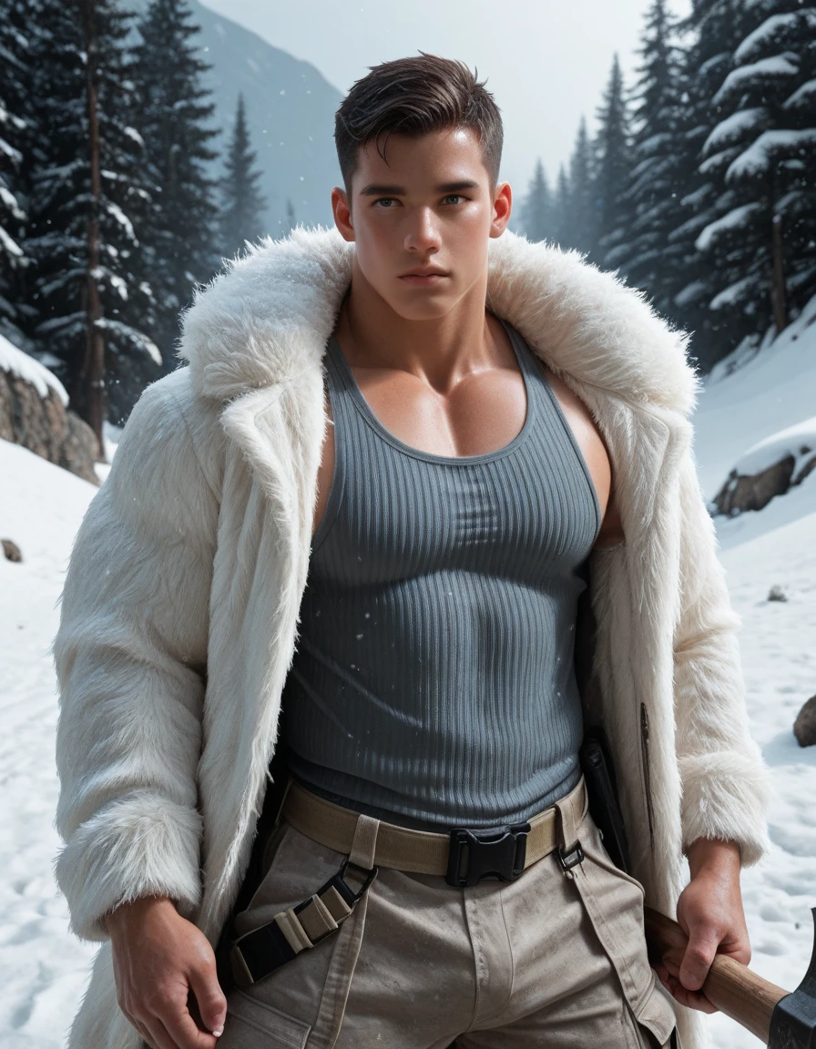 1 stocky shirtless Russian gay is standing with his legs and thighs opened and spread in the snow with wide landscape of snowfield , 1 man only, no other people, iceblocks and icelake and snow scene, he is wearing white fur gloves, fur woolen hat to cover snow , moustache, facial hair, white transparent thong bikini highlighting big bulge and big butts, Wear knee-length fur shoes.,masculine and stocky, shirtless, handsome face with detailed facial features, shirtless and wearing nothing, correct accurate male anatomy,skinny boy body, muscle body,sport body, big muscle, Handsome face, wet oiled waxy shiny greasy muscles and skin, flawless white skin, masterpiece, professional DSLR shoot and retouching, illustration art, shadow, highlight, sharpness, depth of field, dessert and Russian snow field environment, sexy, hot gay erotic illustration art, sexy and hot