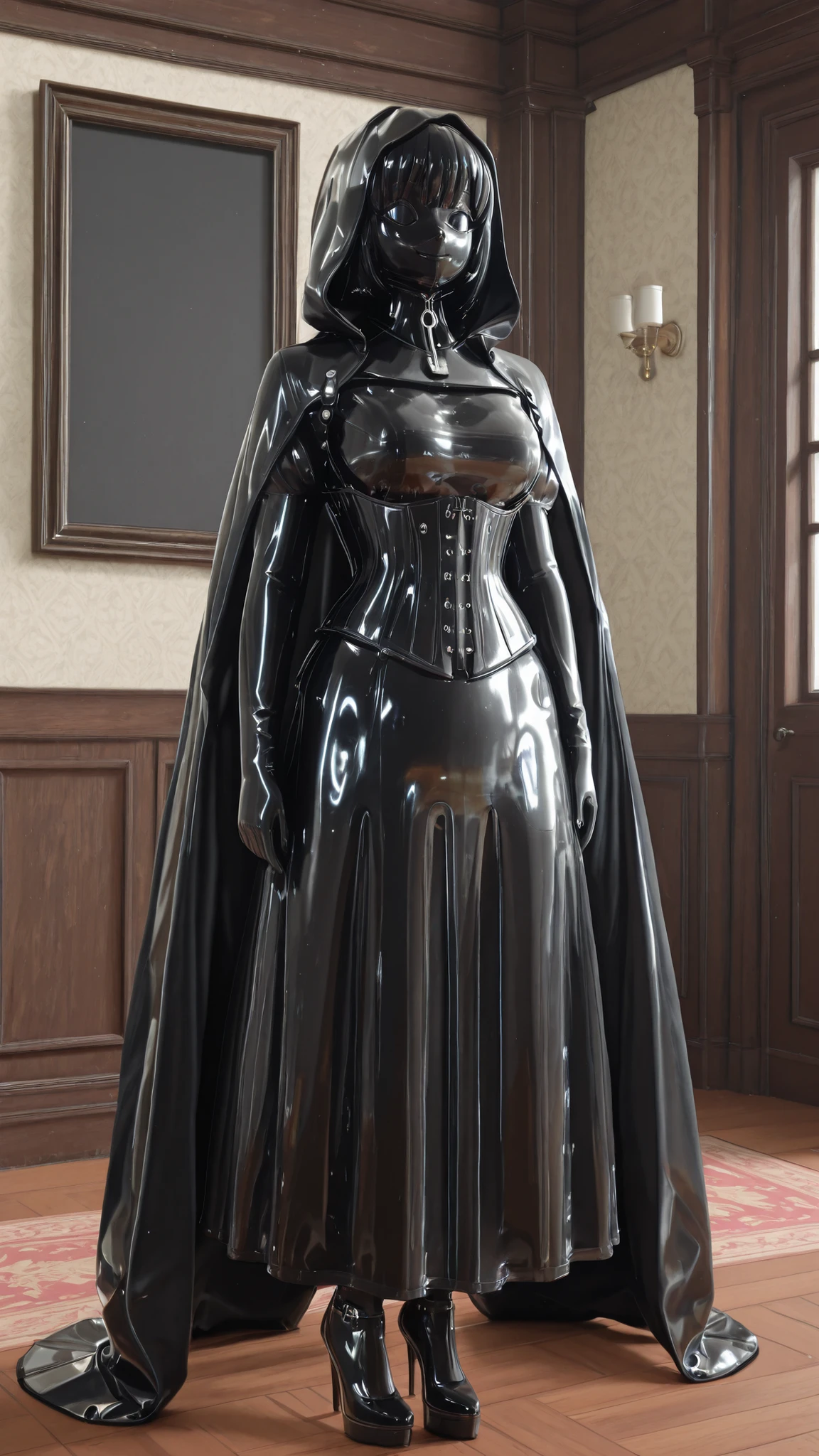 maniajuns, black latex skin, black lenses, black hair, happy, girl in closed shiny black catsuit,NeckCorset, HW_Corset, standing, latex, maid, gothic, frilly, ruffles, hood, latex cape, black latex long skirt, Wide Skirt, black latex long puffed sleeves, black latex long gloves, black latex big apron, full body, 1 girl,  high heels, view straight ahead,front view..