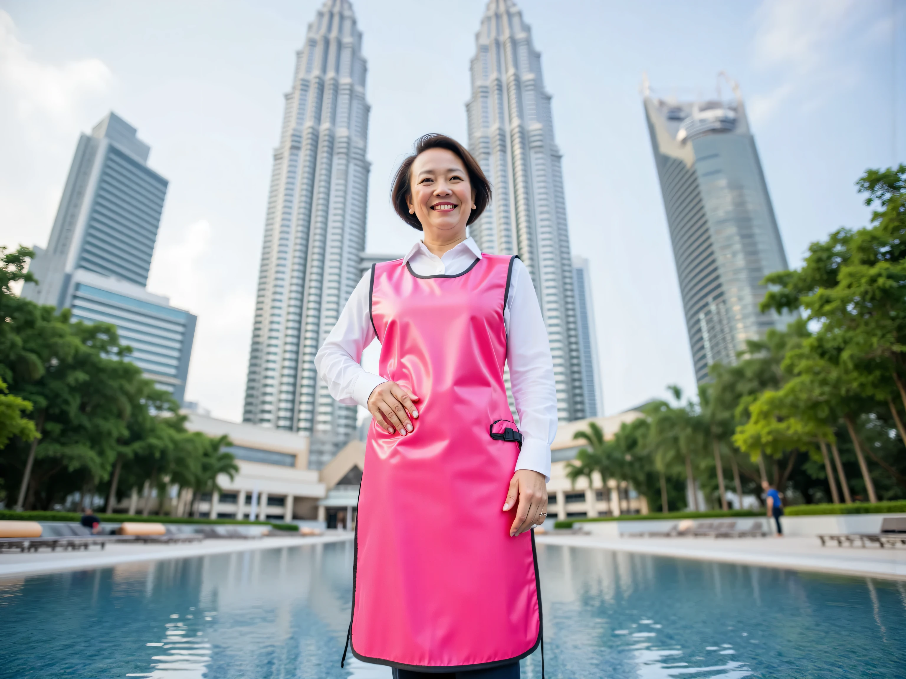 a 58 year old woman wearing a pink vinyl polished lead apron standing in front of the Kuala Lumpur Petronas Towers reflecting pool PetronasTowers