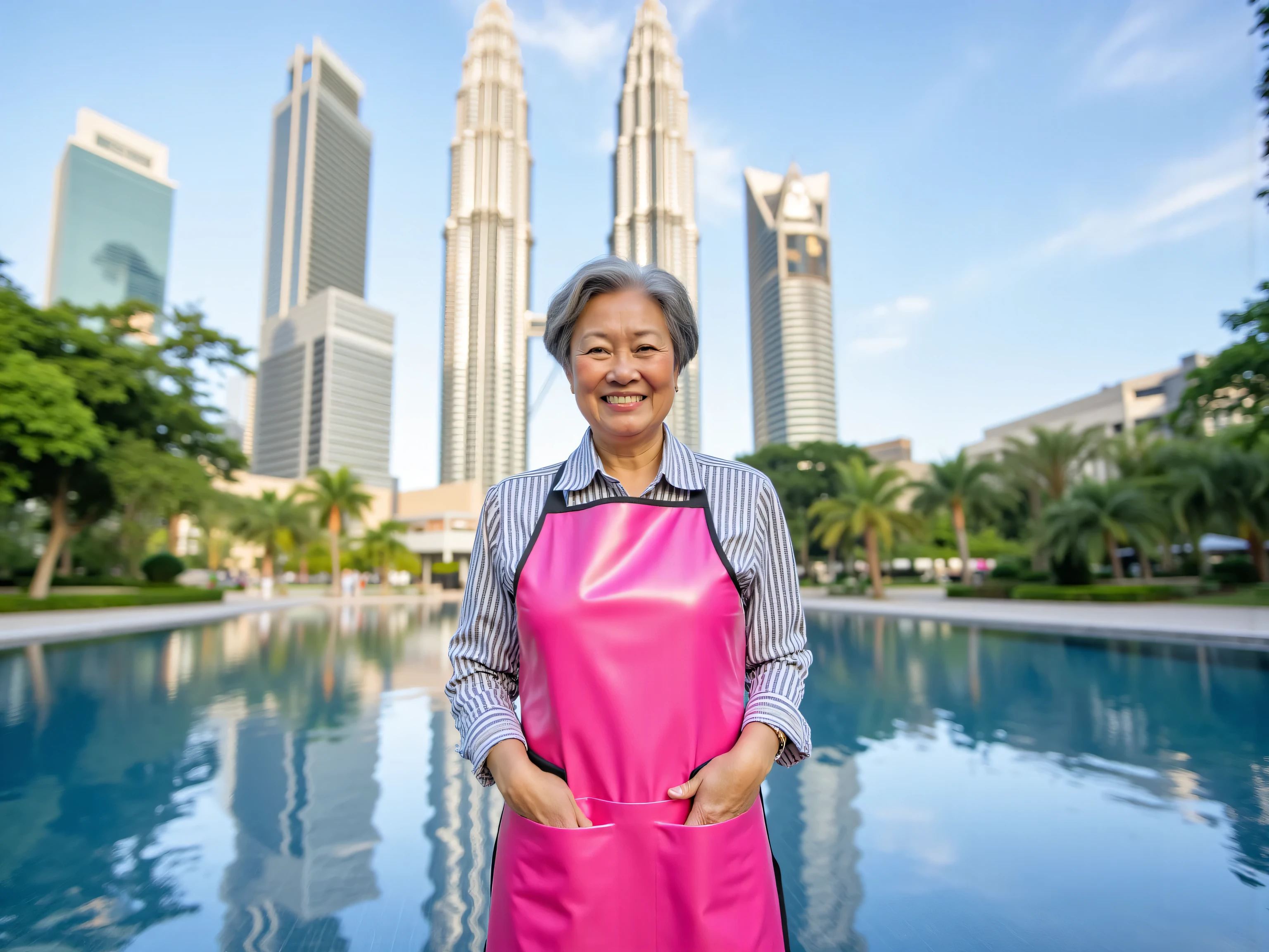 a 58 year old woman wearing a pink vinyl polished lead apron standing in front of the Kuala Lumpur Petronas Towers reflecting pool PetronasTowers