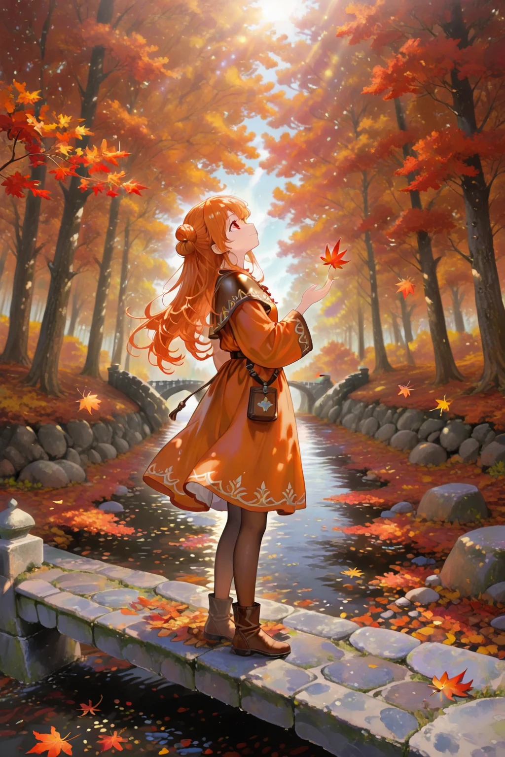 girl fox，Red hair，fox tails，fox ear，choker necklace，ankle bracelets，The tattoo，young，wind coat，greene eyes，fang，bangle，