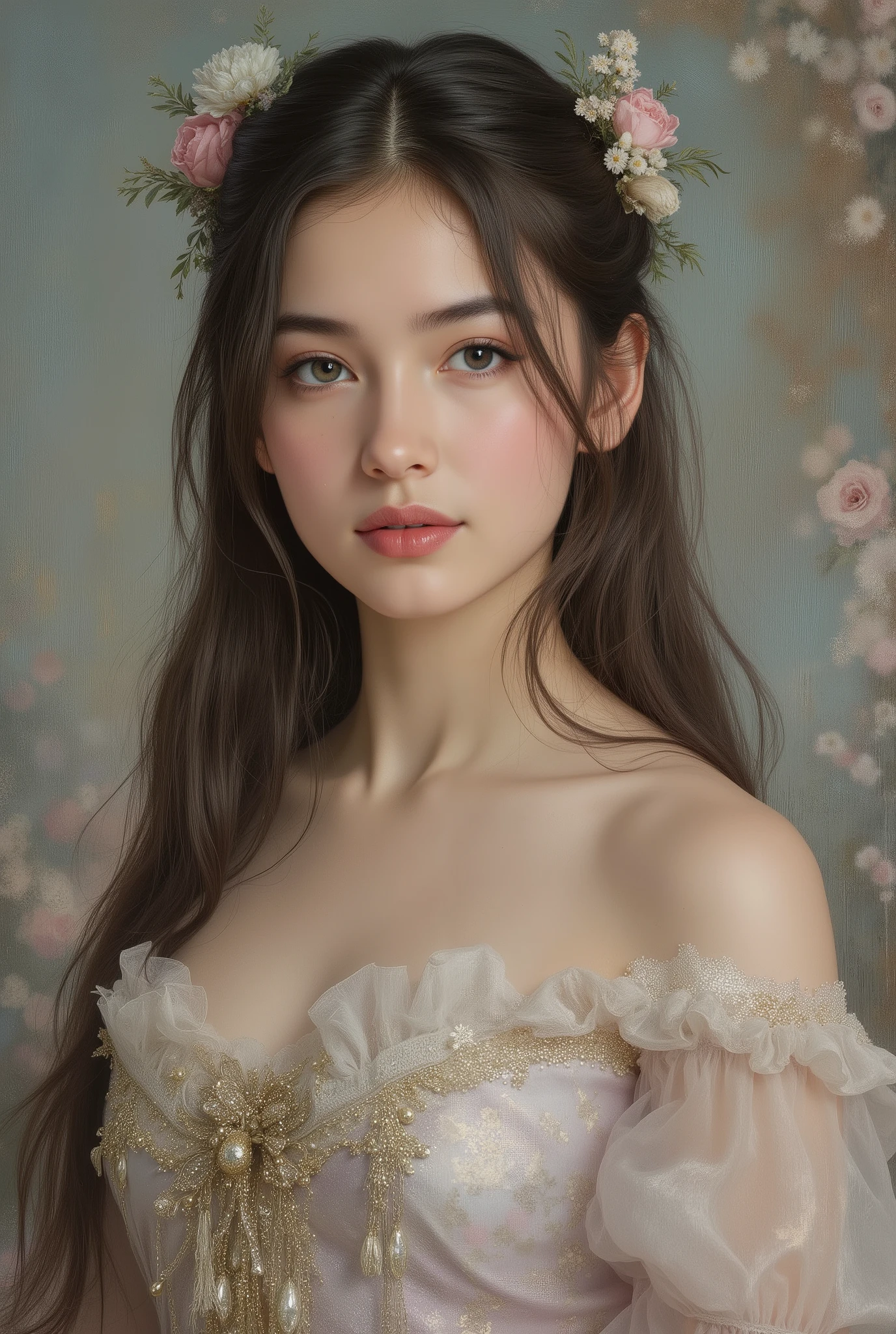 (highres,masterpiece:1.2),(realistic:1.37)"(best quality, highres, ultra-detailed, realistic),beautiful 19th-century portrait of a 16-year-old French ballet dancer, (She is half French and half Japanese, and is a stunning beauty with dark blue eyes and a high nose:1.1), elaborate ballet costume, detailed facial features, long graceful neck, flowing locks of hair, poised and elegant posture, soft and delicate lighting, classic oil painting medium, vibrant colors, subtle background with floral motifs", dreamy atmosphere, Surrealism,mystical aura