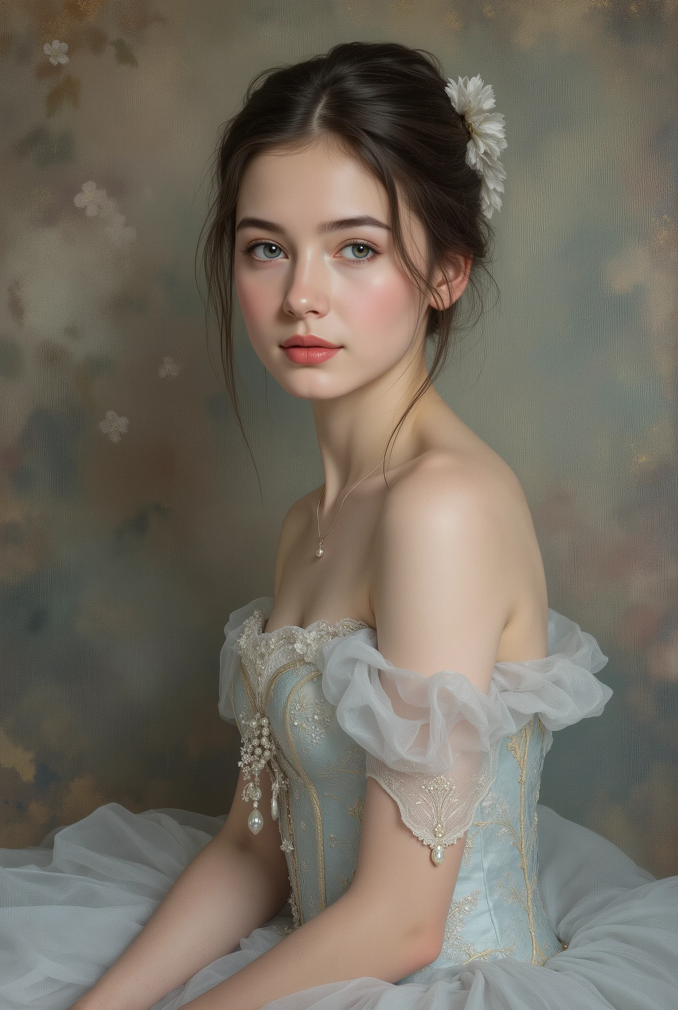 (highres,masterpiece:1.2),(realistic:1.37)"(best quality, highres, ultra-detailed, realistic),beautiful 19th-century portrait of a 16-year-old French ballet dancer, (She is half French and half Japanese, and is a stunning beauty with dark blue eyes and a high nose:1.1), elaborate ballet costume, detailed facial features, long graceful neck, flowing locks of hair, poised and elegant posture, soft and delicate lighting, classic oil painting medium, vibrant colors, subtle background with floral motifs", dreamy atmosphere, Surrealism,mystical aura