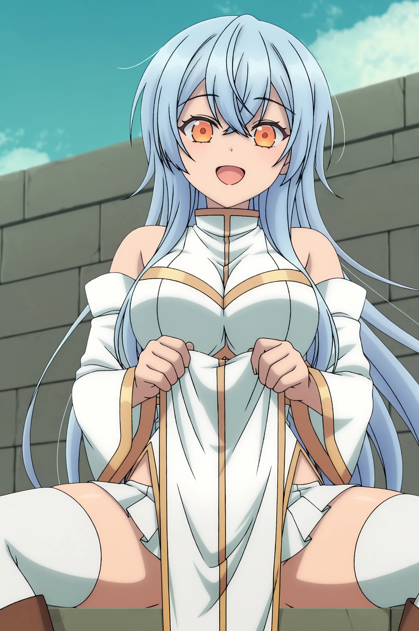 eleonora bonnefoy, sexy, (doggy style: 1.2), table top, (penetration: 1.2), silver hair, blue eyes, glamorous body, angel wings, (beautiful one-piece dress, pure white), (big breasts: 1.6), beautiful cleavage, (white elbow gloves), wide hips: 1.2, big ass: 1.3, (flapping in the sky, flying sexy pose, big), (four fingers, one thumb), (shooting, front, from below), (sky background, clouds, sun, bird, in the sky), (ultra-detailed animation, 32K ultra-high quality, masterpiece)