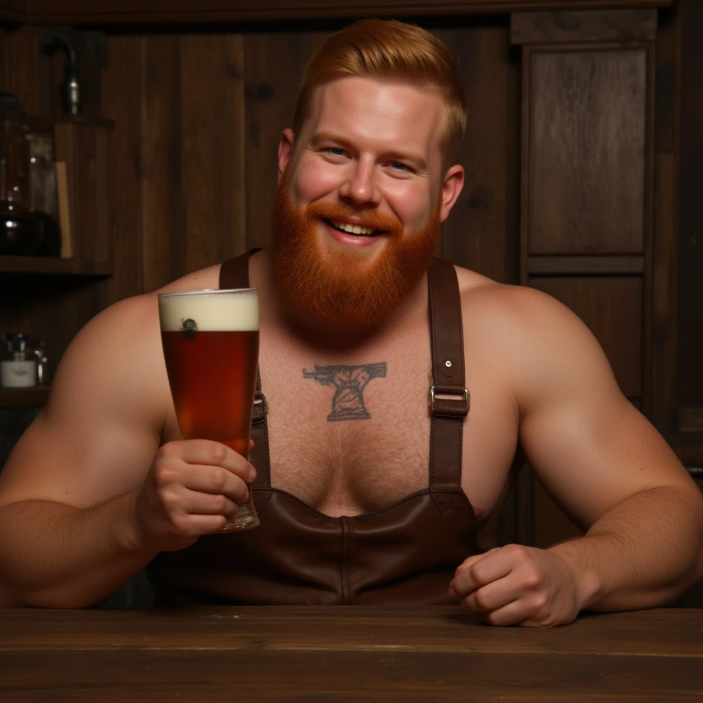 Hot men. Bar. Barkeeper. Beer on the tables. Night candles. Hairy  muecle. Ginger hair. Green amber eyes. Masculin. Chiseled jaw.  Looks like a supermodel male. Piercing.  