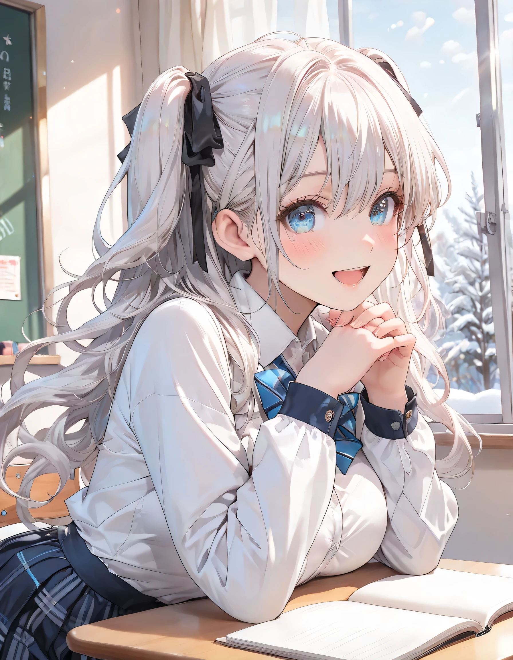 ((ultra-detailed)), (highly detailed CG illustration), (best quality:1.3), ultra-highly detailed, colorful composition, artistic portrait, 1girl, solo, moe anime character, Anime-style, harmonious color palette, ethereal ambiance, dainty facial structure, round face, rounded chin:1.2, short stature, blue eyes:1.3, droopy eyes:1.3, silver hair:1.3, long hair, two side up hairstyle, delicate curls, hair ribbon with black, harmonious color palette, ethereal ambiance, ample breasts, pink striped panties, school uniform, navy blue blazer:1.3, blue stripe neck bow, long sleeves white shirt, blue checked pleated skirt, navy blue school blazer, smile:1.3, happy:1.3, joyful:1.3, blush:1.3, open mouth, have a pen:1.3, writing in a notebook with a pen:1.3, sitting on the school classroom chair, breasts on the table, flowing hair in the wind, from side, dramatic angle, looking viewrer, upper body, winter, morning, sidelighting, cinematic lighting, dynamic pose, contrapposto pose, masterpiece, portrait, depth of field, caustics, ray tracing, perfect face, lustrous skin, highly detailed face, highly detailed eyes, perfect nose, perfect hair, beautiful hair, beautiful small face, extremely detailed face, beautiful detailed eyes, beautiful clavicle, beautiful body, beautiful ample breasts, breasts squeezed together, beautiful fingers, 4 fingers, 1 thumb, lovely, (very detailed background:1.0), (highly detailed background:1.0), pastel colors palette, intricate details, girly atmosphere, chromatic aberration