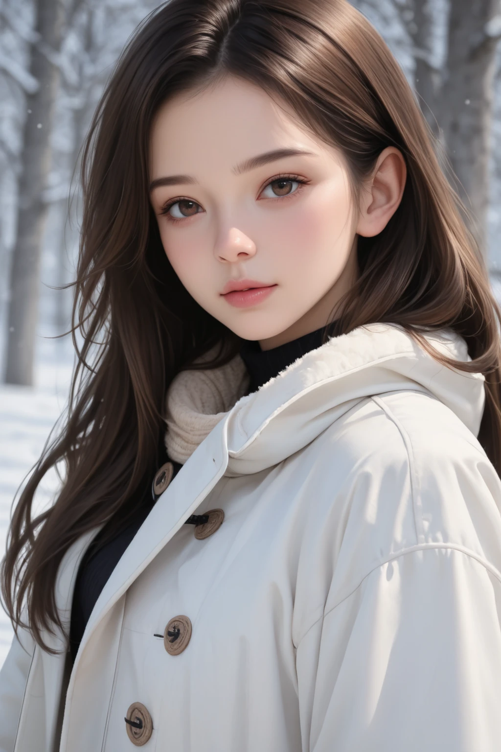 (best quality, ((masterpiece)), Detailed face, 8K resolution,Semi-realistic),(long hair, straight brown hair), 1 woman, white coat,(winter),muffler, snow