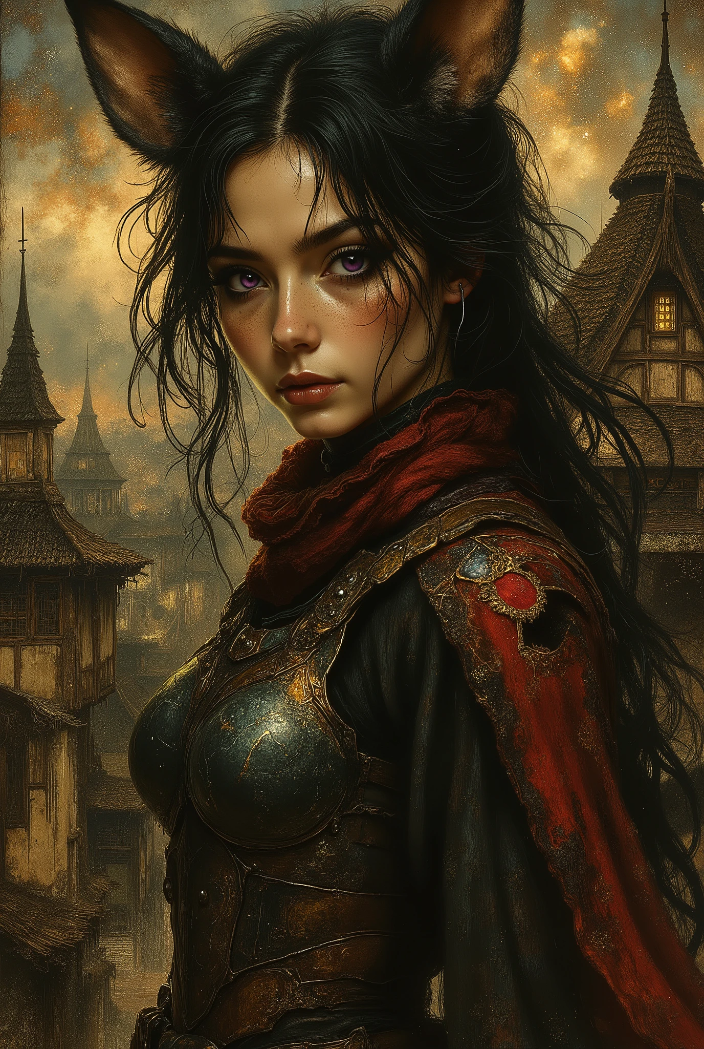 masterpiece, beautiful, high-quality, best quality, amazing quality, very aesthetic, high resolution, over-detailed, absurd, digital media, detailed, realistic volumetric lighting, (rustic town), travel, inspection, caution, shimmering aesthetics, dreamy atmosphere, feeling of intense glamour, depth beauty, feminine aesthetics, (close-up close-up), 1 girl, athletic woman, black makeup, eyelashes, purple eyes, black hair, long hair, hair between the eyes, mouse ears, hood down, small breasts,laughing face, facing the viewer, pose in motion, arms extended upward, pose ready to fly, no sword, no katana,mouse tail, piercing in one ear, red scarf, steel breastplate, armor, side, top, wrist guards, gloves, city roofs, standing on the roof, caught the moment, black jacket, cropped jacket, sleeves rolled up, armor, (harada Takehito: 1.2), masterpiece, best quality, amazing quality, (4k, 8k, Ultra HD), (masterpiece : 1.5), (best quality : 1.5), (detail: 1.5), altered camera angles, dynamic composition, (Dynamic pose: 1.4), (Kotteri, Masha, Himukai Yuji:1.2), Lazy shooting