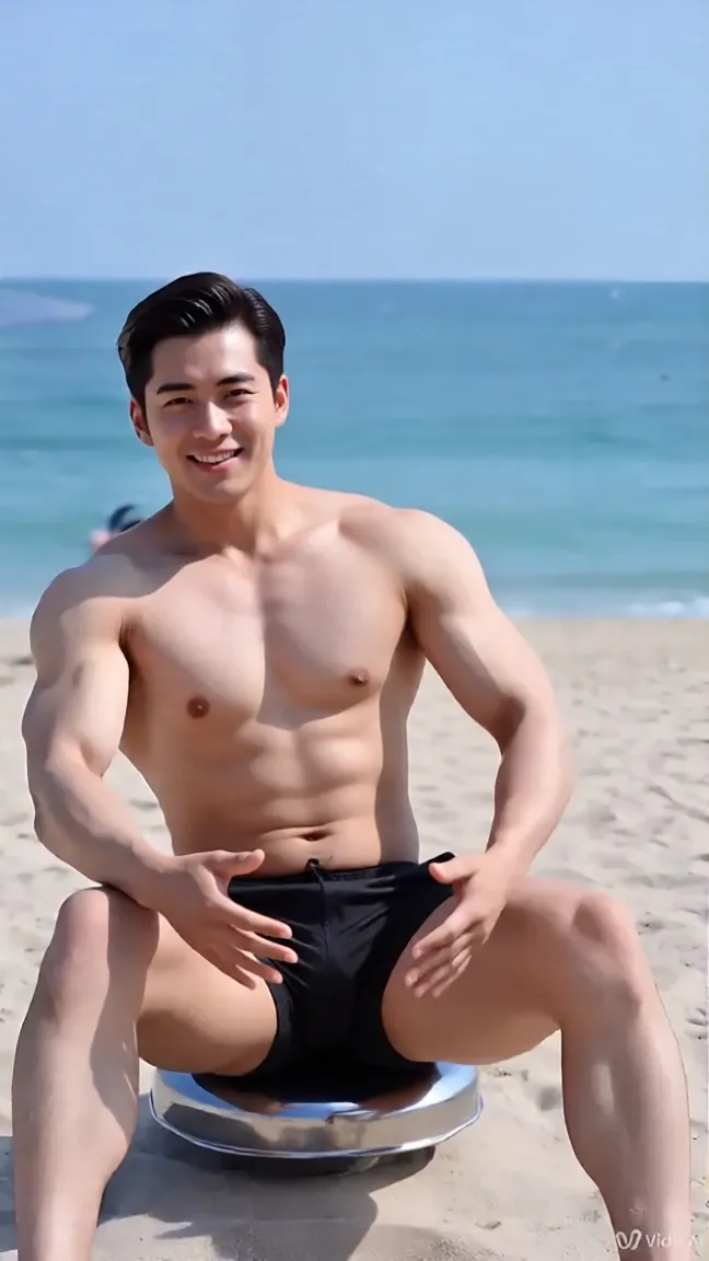 Realistic photography, 8k , handsome young muscular Korean man, wearing ???????? , wearing only black ?????, beach, squating, lifted arms, ???????????
