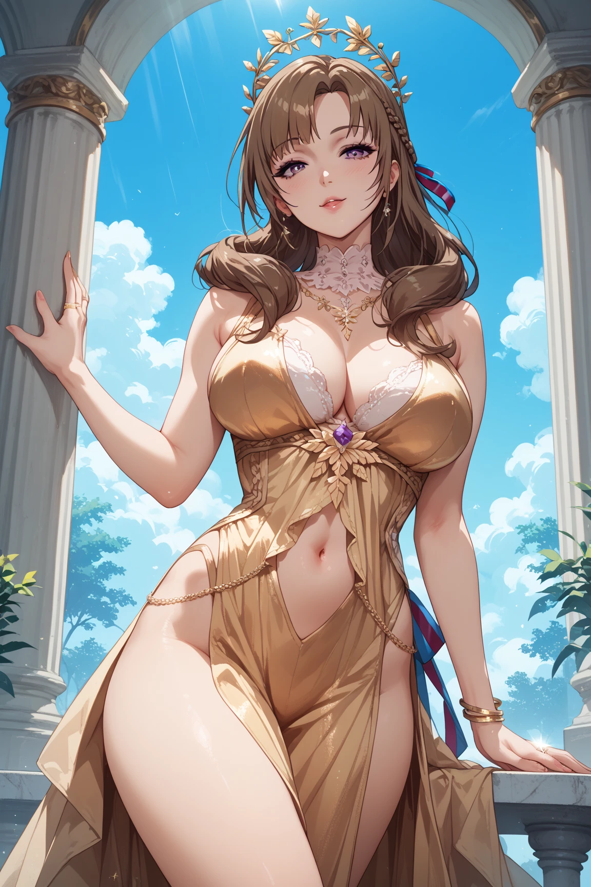 full body, extreme wavy hair, luxurious hair,  eyes, a knowing smile, aroused 25 years old, playfully aroused, dripping with desire, busty cleavage, heavy bust, pajamas, slim waist, posing by the bed, coy smile with open parted lips, (blushing:1.3), looking lovingly at the viewer,  green eyes, an inviting pose, bedroom background, champagne, in love (pov), loving gesture, loving gaze, loving eyes, glowing eyes, highly detailed eyes, chocker, earrings, ,