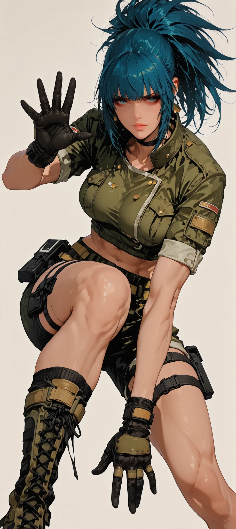 ((she is looking at the viewer)), ((Simple Background)), intricate details, High quality, aesthetic, ultra detailed, beautiful face , ((dramatic knee-deep image)), medium breasts, body fit, 1girl, leona_Heidern(king of fighter), Confident expression, standing, Bring your hand to the camera, dynamic pose, in the style of cksc, dynamic angle, perspective, Maorix,