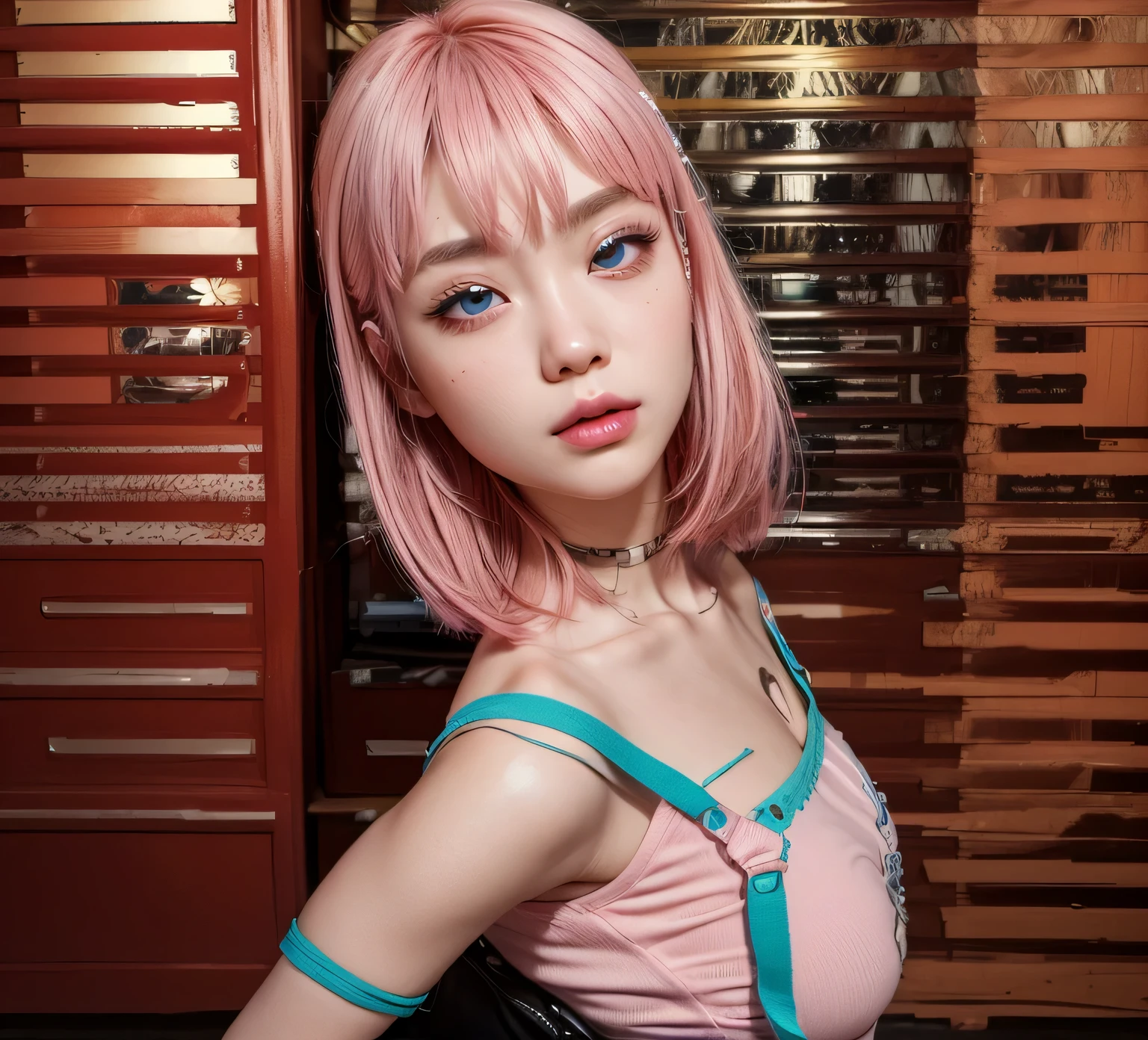A close up of a woman with pink hair wearing a dress - SeaArt AI