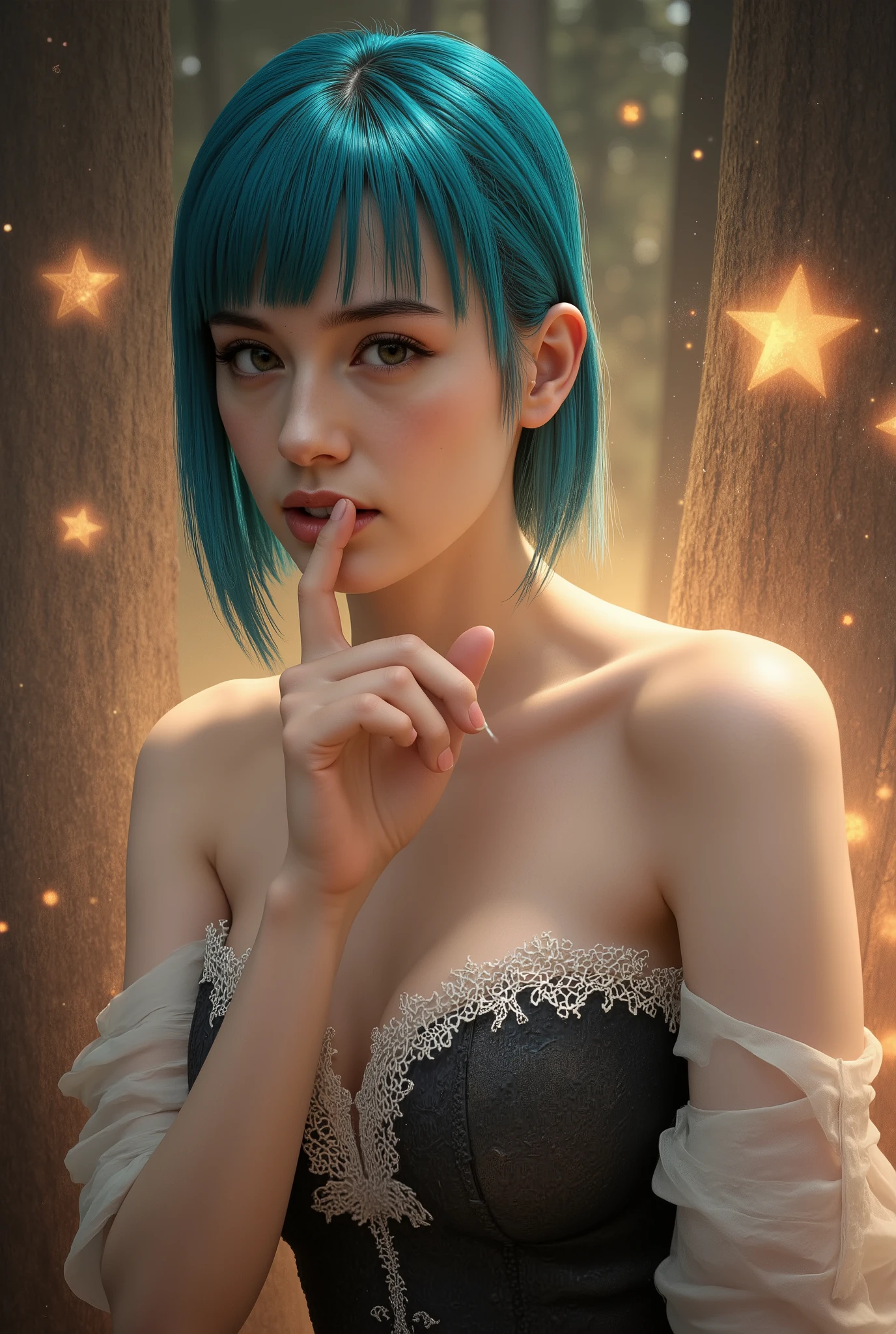 masterpiece,Highest Quality,very detailed,,1girl, She's Biting Her finger, Seraphina_tailor,short cian hair,Sharp Cheekbones ,Tan skin ,big boobs,detailed facial features,realistic skin texture,Classy expression ,Confident Postures,mystical background,Fantasy Forest Environments ,Shining Magical Aura,warm lighting,Digital Painting,4K,8k,high resolution,PHOTOREALISTIC,Physically Based Rendering,Brilliant Colors,Dramatic Lighting