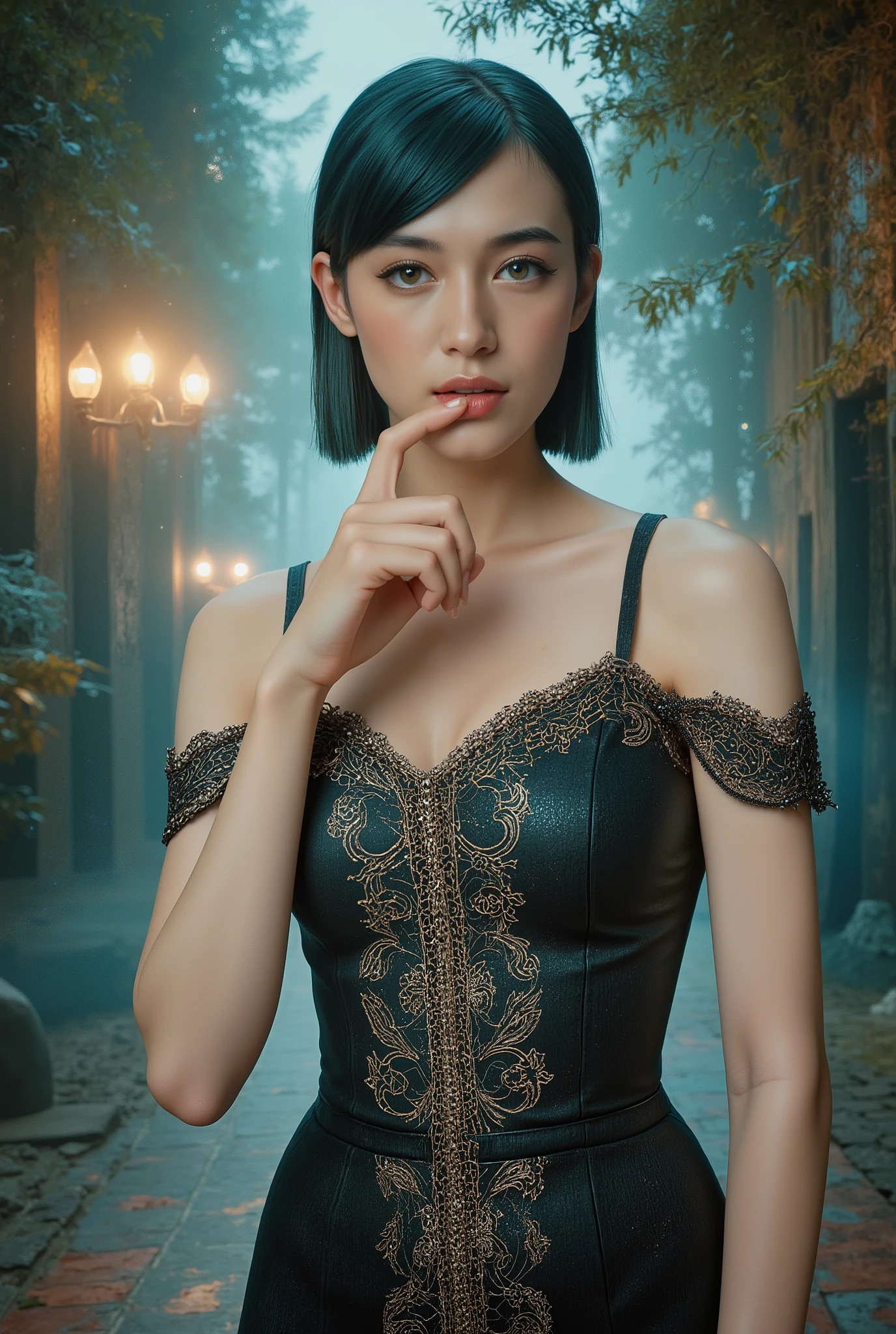 masterpiece,Highest Quality,very detailed,,1girl, She's Biting Her finger, Seraphina_tailor,short cian hair,Sharp Cheekbones ,Tan skin ,big boobs,detailed facial features,realistic skin texture,Classy expression ,Confident Postures,mystical background,Fantasy Forest Environments ,Shining Magical Aura,warm lighting,Digital Painting,4K,8k,high resolution,PHOTOREALISTIC,Physically Based Rendering,Brilliant Colors,Dramatic Lighting