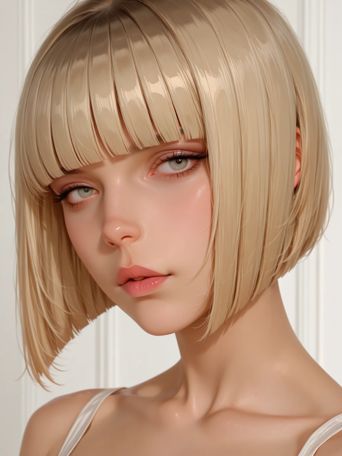 Short platinum hair，，Short curly hair，Pure white background