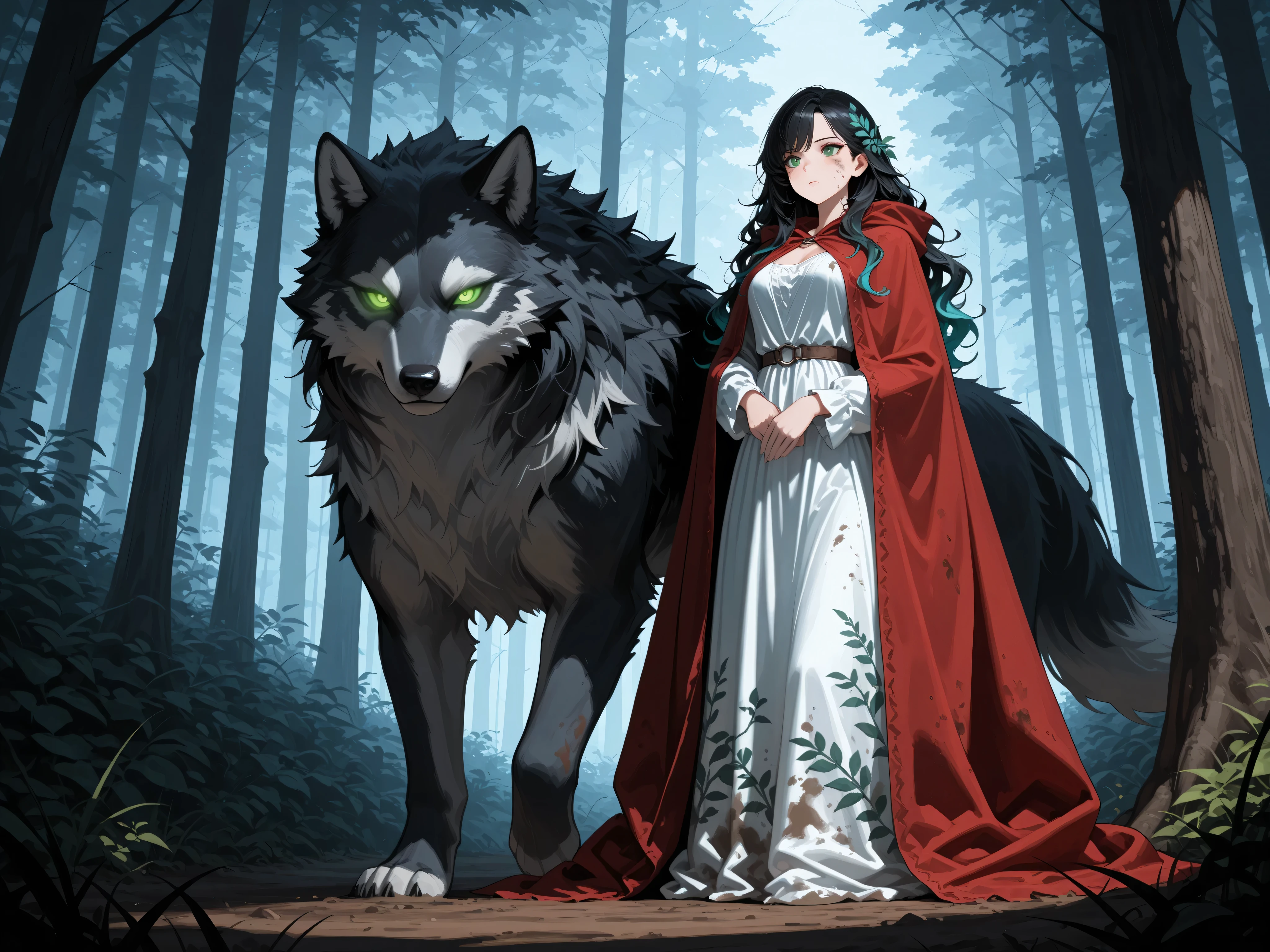 dungeon and dragon ,fantasy,masterpiece, best quality, very aesthetic, absurdres, ,a picture of a fantasy 1single woman standing in the wild jungle fighting a big grey wolf in a dark forest, grit atmosphere, dirt on her face, dirt and mud in her cloths, , an extraordinary beautiful female  beauty, wild green eyes, glowing eyes, best detailed face,  black hair, tattered hair, wavy hair, wearing white and blue dress, nature themed dress, wild dress, (red cloak: 1.3), long cloak, dark fantasy forest background, Hyperrealism style, vibrant, Ultra-high resolution, High Contrast,  best details, best quality, highres, ultra wide angle, 16k, [ultra detailed], masterpiece, best quality, (extremely detailed) RAW, 