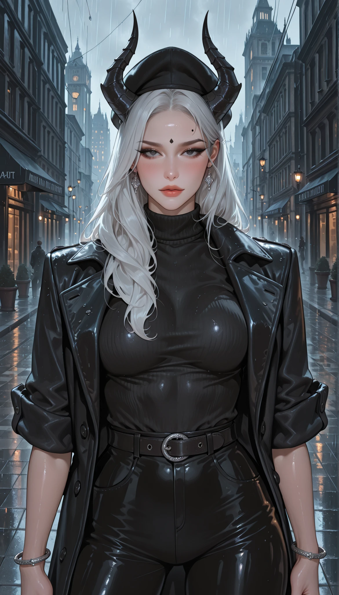 Girl, six black scales horns, glossy skin, white hair, long hair, black hat, black eyes, Kajol, deep dark eyeliner, black bindi on forehead, medium breasts, soft breasts, lips, pink blush, posing, slim body, wearing black sweater, black leather jacket-coat, open jacket-coat, (folded sleeves), black pants, belt, black nails, standing, posing, legs apart, seductive expression, silver earrings, silver bangles. looking at viewer seductively. Outdoor, city, foggy, morning, light rain, soft lighting, European theme, in London. Half body shot, cowboy shot, view from front.