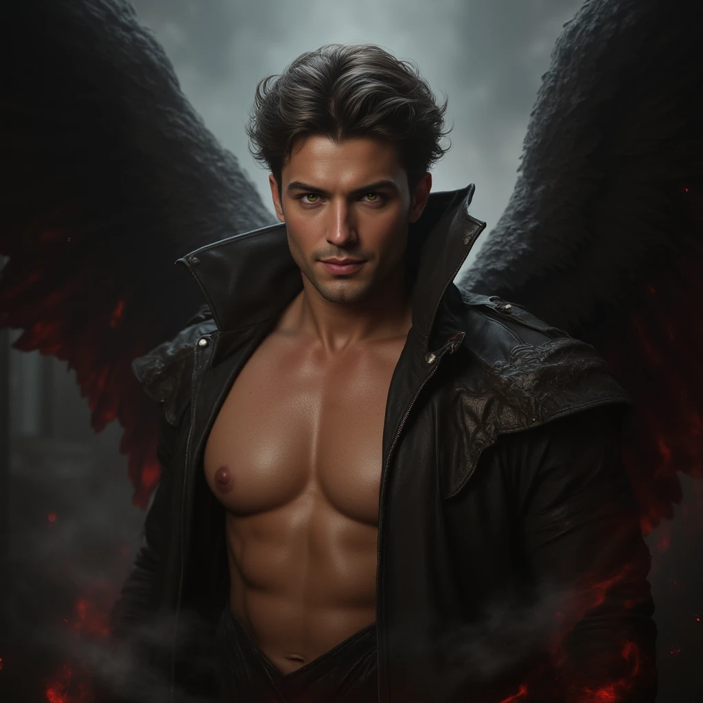 Photo-realistic, ((best quality)), ((masterpiece)), (detailed), short wavy hair, perfect face, the devil, masculine portrait of the devil, personification of The Devil, (evil look), super pale skin, (massive huge majestic black angel wings:1.5), black wings, angel wings, devil wings, 2 wings, 18-year-old, super male model, handsome, tall, cute looking, evil look, dark look powerful, young male model, handsome mythical creature, super strong, muscular, fit, massive muscles, six pack, clean shave, blue eyes, white skin, pale skin, super pale skin, white pale skin, albino skin, wavy messy brown hair, short messy hair, messy wavy hair, (:1.5), -chested, muscle, ripped, strong body, fit body, , fully , , , , 1 perfect , 1 amazing , 1 nice , 1 beautiful , 1 amazing , 1 good , 1 male , perfect gland, nice gland, amazing gland, perfect , amazing , nice , great , male , male , male structure,, Dark background 8k, high detailed, ultra-detailed, Stylish Pose, mist, fog, mysterious, (Dark background:1.6), (dark cinematic:1.5), (backlight) (ruins Gothic cathedral:1.2), ruins, , low flooded
