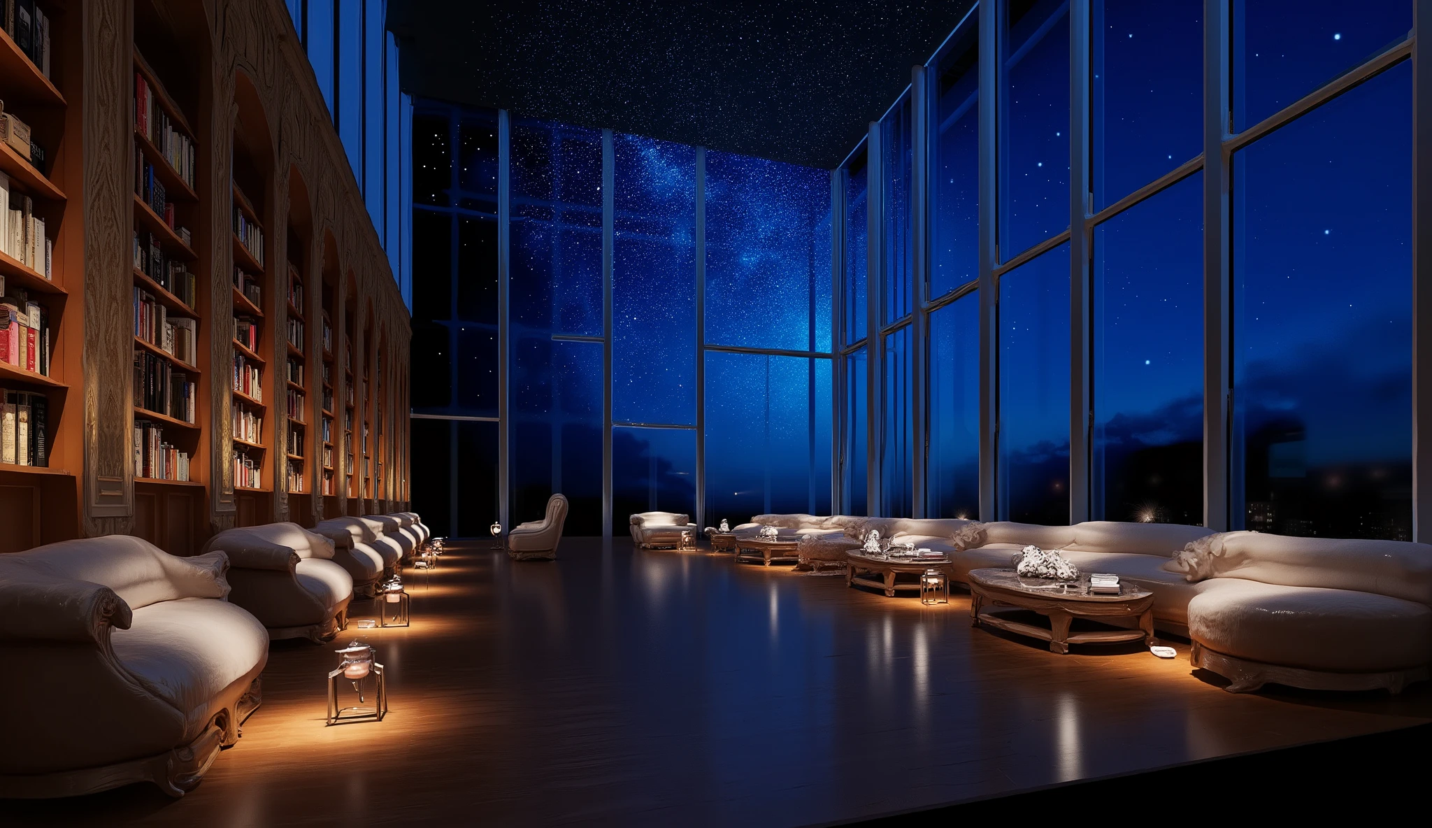 Wide々andした空間に魅惑的なシーンがWideがります, A modern room with a huge, tall glass wall that invites the outside world. At night, envelops the surroundings in deep blue. It's a place where you can soak in both literature and the beauty of an enchanting night, 星空andandもに魔法のようなシュールな背景を作り出しています. This scene evokes peaceful solitude and wonder, creates a gentle winter atmosphere. internal, The warm light of many lantern-style lamps reflects puddles of water The golden light is reflected on the wooden floor, and、express. A modern room with books lined up on the left wall, Multiple cozy luxury sofas are arranged、suggest a reading corner or book space. attractively arranged between lamps, 快適さand静けさを表現しています, 高い天井and大きな窓が壮大で開放的な雰囲気を醸し出しています. このシーンは平和な孤独and不思議さを呼び起こします, 文学and魅惑的な夜の美しさの両方に浸るこandができる場所です.