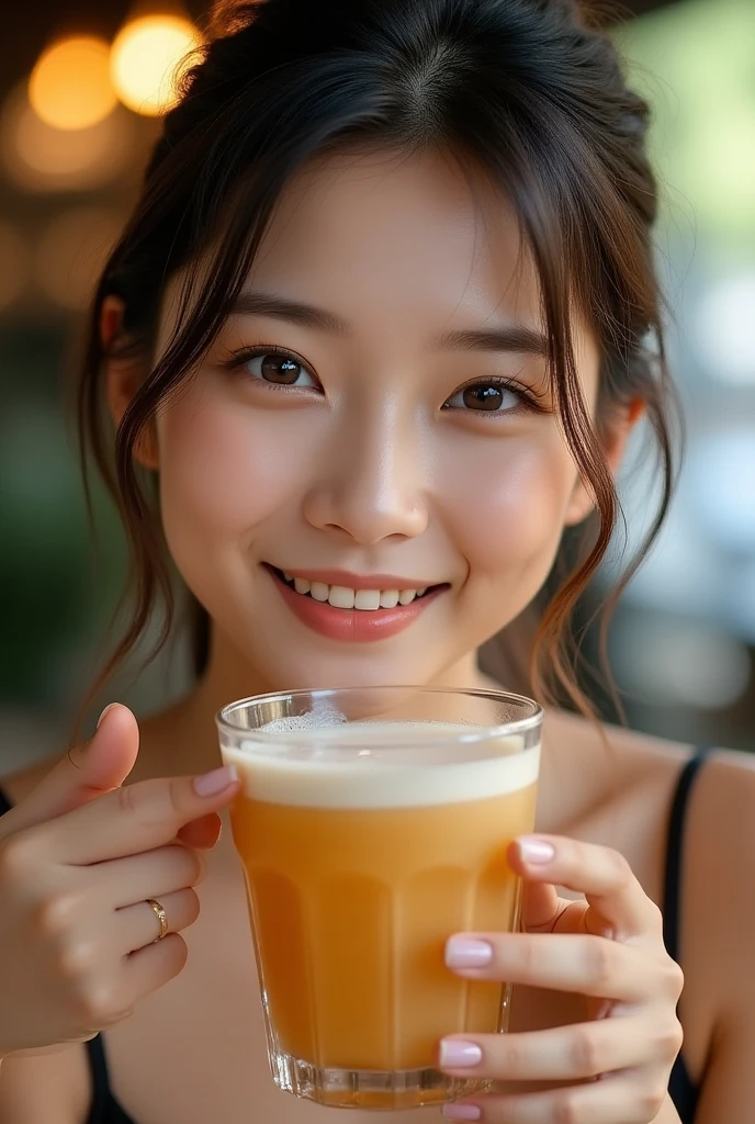 A very cute face like an idol、Looks like a young face、20-year-old female、Gentle and cute、A kind smile、White, slightly  blouse、(whole body像)、、A crowded bar、Toast with a beer mug、Cinema lighting、Natural light、whole body、RAW Photos、Genuine、Artistic、(High level of artistry)、High quality that is indistinguishable from real life、realism、Real Stick、High resolution、masterpiece