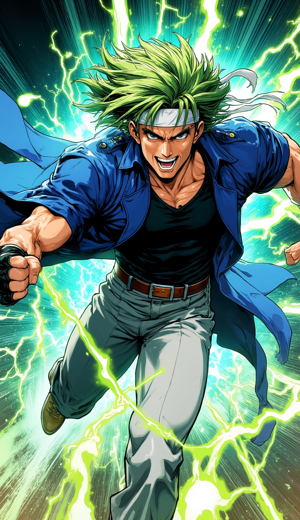 A masterpiece anime illustration with a blend of fantasy realism, capturing a high-octane speedster scene. A male character with messy, layered grass-green spiky hair swept back by aerodynamic drag, wearing a white headband across his forehead with long tails whipping furiously in the wind behind him, the band partially obscuring his eyebrows. He features a lean, angular face with a sharp jawline, intense piercing eyes, and a wild, cocky grin showing teeth, radiating a rebellious and fearless arrogance. His physique is lean and wiry but muscular, suggesting explosive power and agility. He is dressed in a royal blue high-collar long trench coat that billows violently backward creating dramatic visual tension, a tight black V-neck t-shirt contouring his chest and abs, black fingerless gloves, grey trousers, and a brown leather belt with a simple metal square buckle. He is captured in a hyper-dynamic sprinting pose, body leaning forward, arms swinging, enveloped in a maelstrom of intense cyan and bright green energy currents and crackling lightning. The background features directional motion blur and speed lines to emphasize ultra-high velocity. 8k resolution, cinematic lighting, distinct and perfect anatomical structure, flawless hands with 5 normal fingers, sharp focus on the face, kinetic atmosphere.