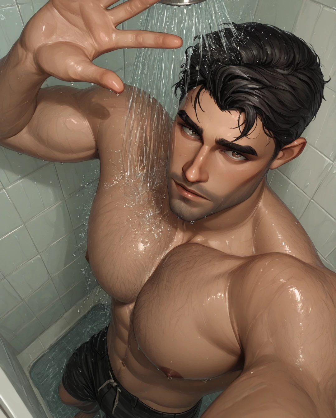 A handsome man with a big  in a bathtub, bubble bath, big pecs, big , big , attractive male,  masculine, relaxing, handsome male, ,  proportions, cinematic lighting, high contrast, vivid colors, 8k, masterpiece