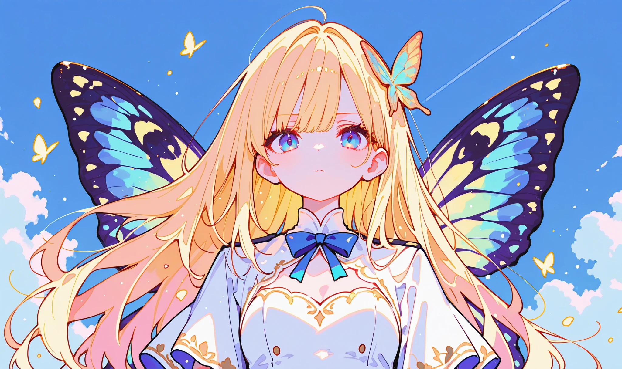 masterpiece, best quality, a fairy girl, long hair, floating golden hair, blue eyes, looking at viewer, serious, Uniform, butterfly wings, white dress, blue sky on the background, BREAK masterpiece, best quality, amazing quality, very aesthetic, newest, incredibly absurdres, ultra detailed, 8k, HDR, High quality digital art, painting \(medium\), cinematic lighting, ray Tracing, dynamic composition