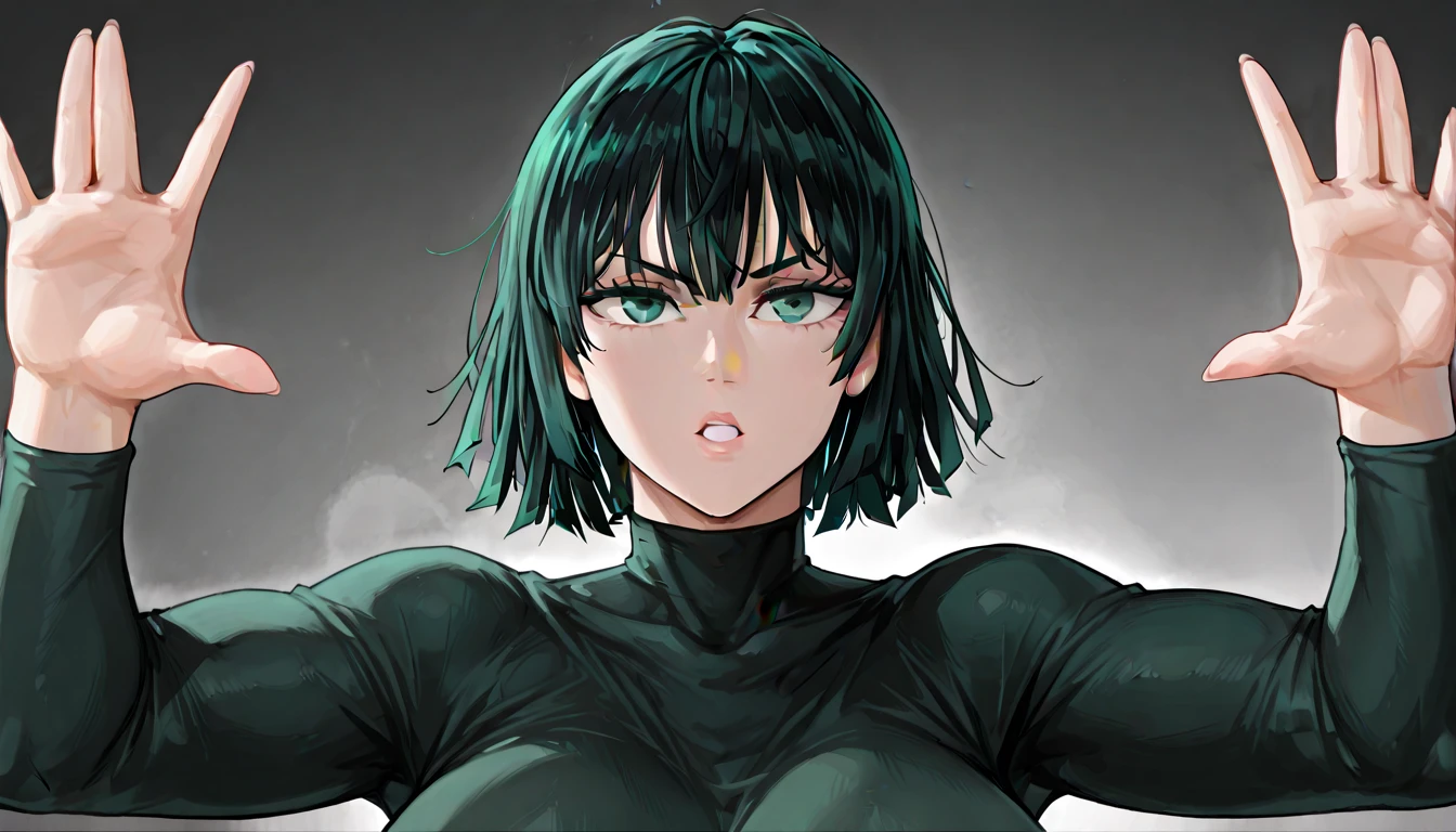 score_9,score_8_up,score_7_up,score_anime,score_manga,score_hentai,zPDXL2,<lora:Expressive_H:0.6>,expressiveh, 1girl,mature female,short hair,green hair,fubuki \(one-punch man\),<lora:One_Punch_Man:1>,covered nipples, green latex dress, smirk, cinematic lightning, city background