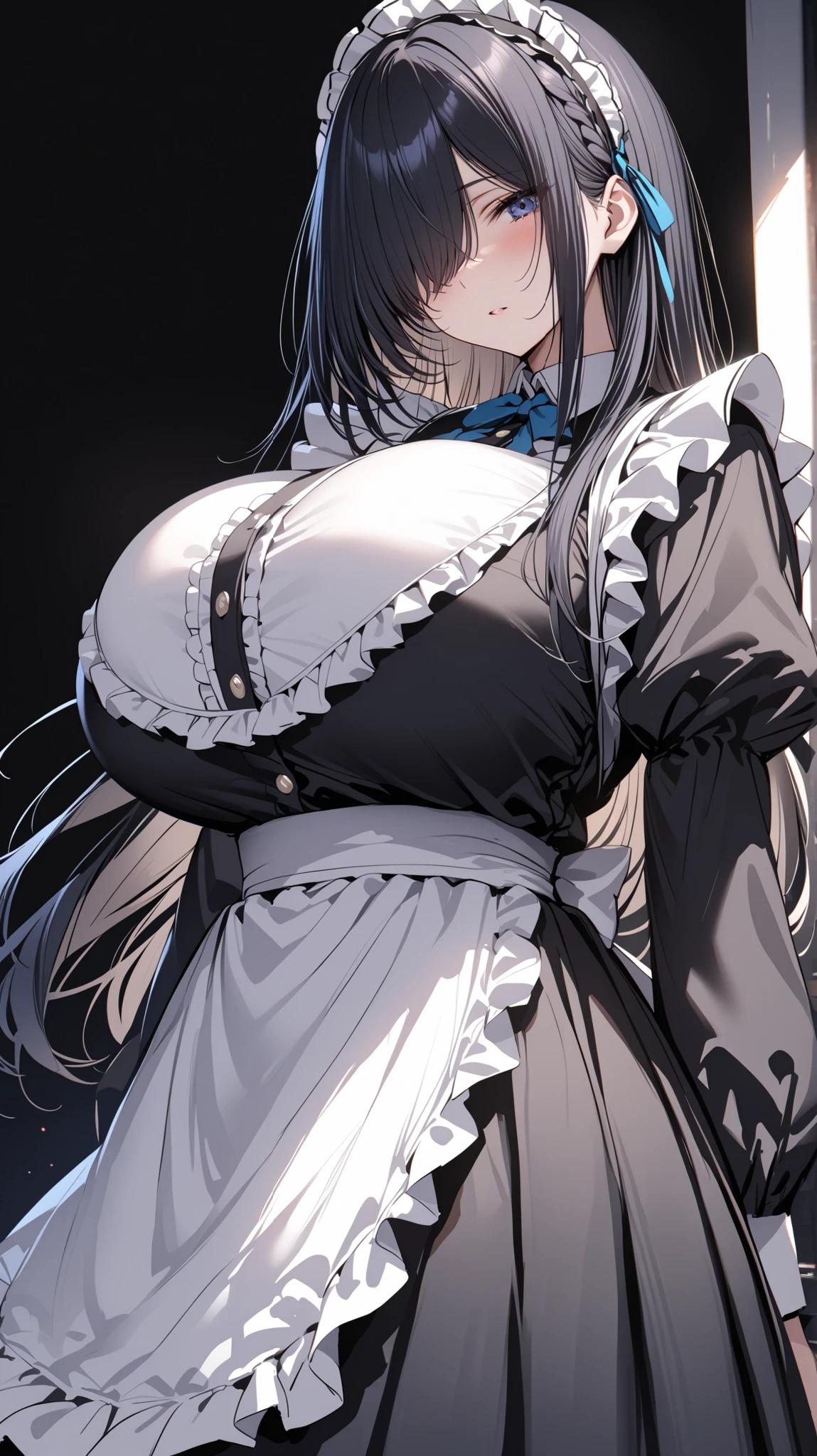top-quality、Top image quality、​masterpiece、girl with((cute little、18year old、Best Bust、Medium bust、Bust 85,Beautiful blue eyes、Breasts wide open,Ponytail with black hair、A slender、Blue hair mesh、Beautiful white maid clothes、White short skirt、Laugh、Rear view)）hiquality、Beautiful Art、Background with((Large White Room、White lighting,White curtains are fluttering)),masutepiece、Elaborate design、visualart、depth of fields、The best lighting、highestdetailed、8ｋ