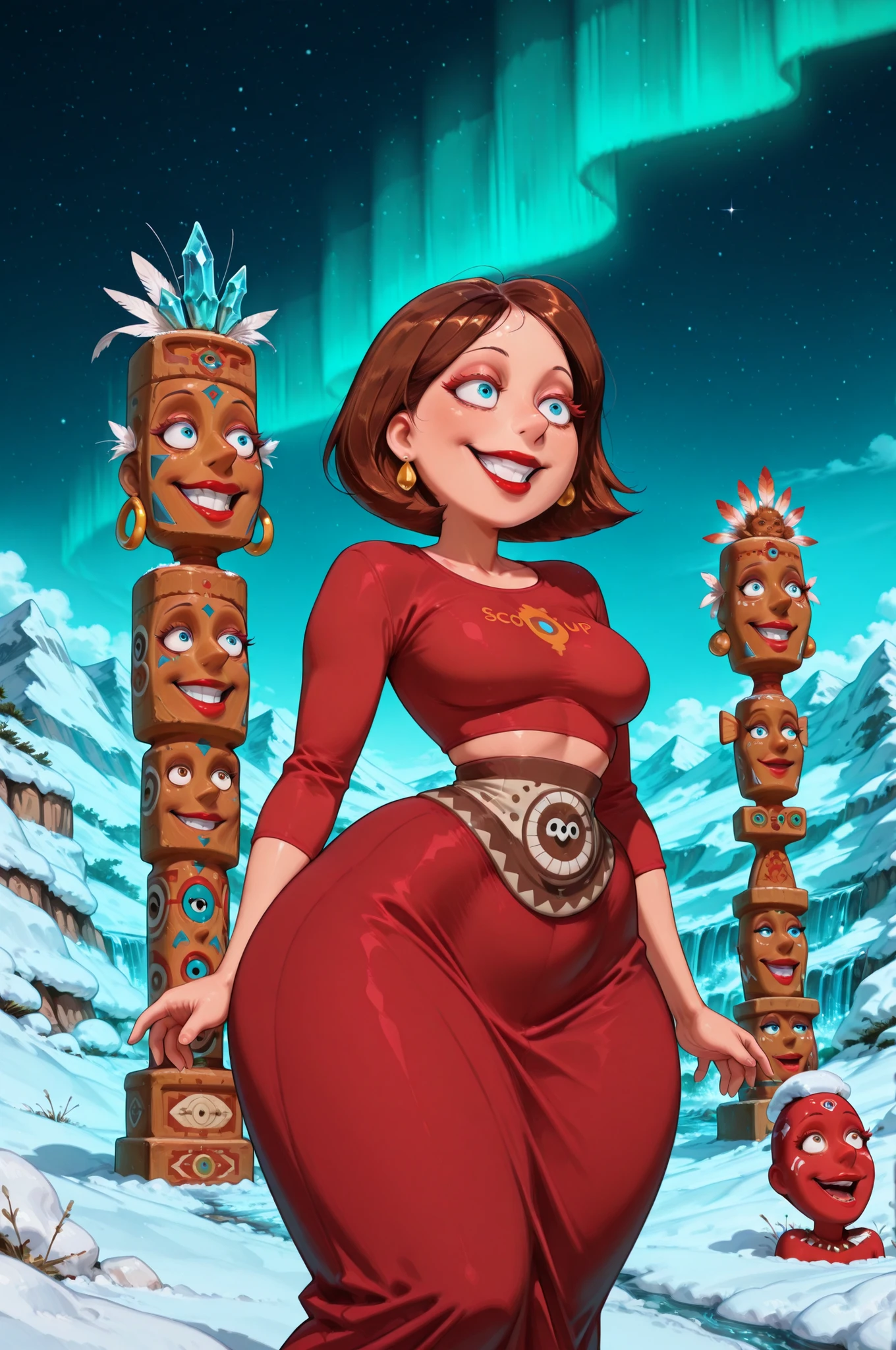 Helen Parr , mature female, medium hair, Bob_cut, brown hair, brown eyes, big eyes, long eyelashes, medium breasts, narrow waist, thick thighs, huge hips, fair skin, thin hands, earrings, makeup, red lips, lipstick.| (score_9, score_8_up, score_7_up:1.3), BREAK 1girl, solo, (anatomically correct:1.2), (crazy smile:1.2), (crystal hair, colored eyelashes, totem, feathers, tribal attire:1.4), snowy, outdoors, night sky, (blue eyes:1.3), Scaislwanglamb, sky, outdoors, aurora || Scenery || Snow, water, starry sky, || Waterfall, || Mountain, || Cloud || Night, long skirt