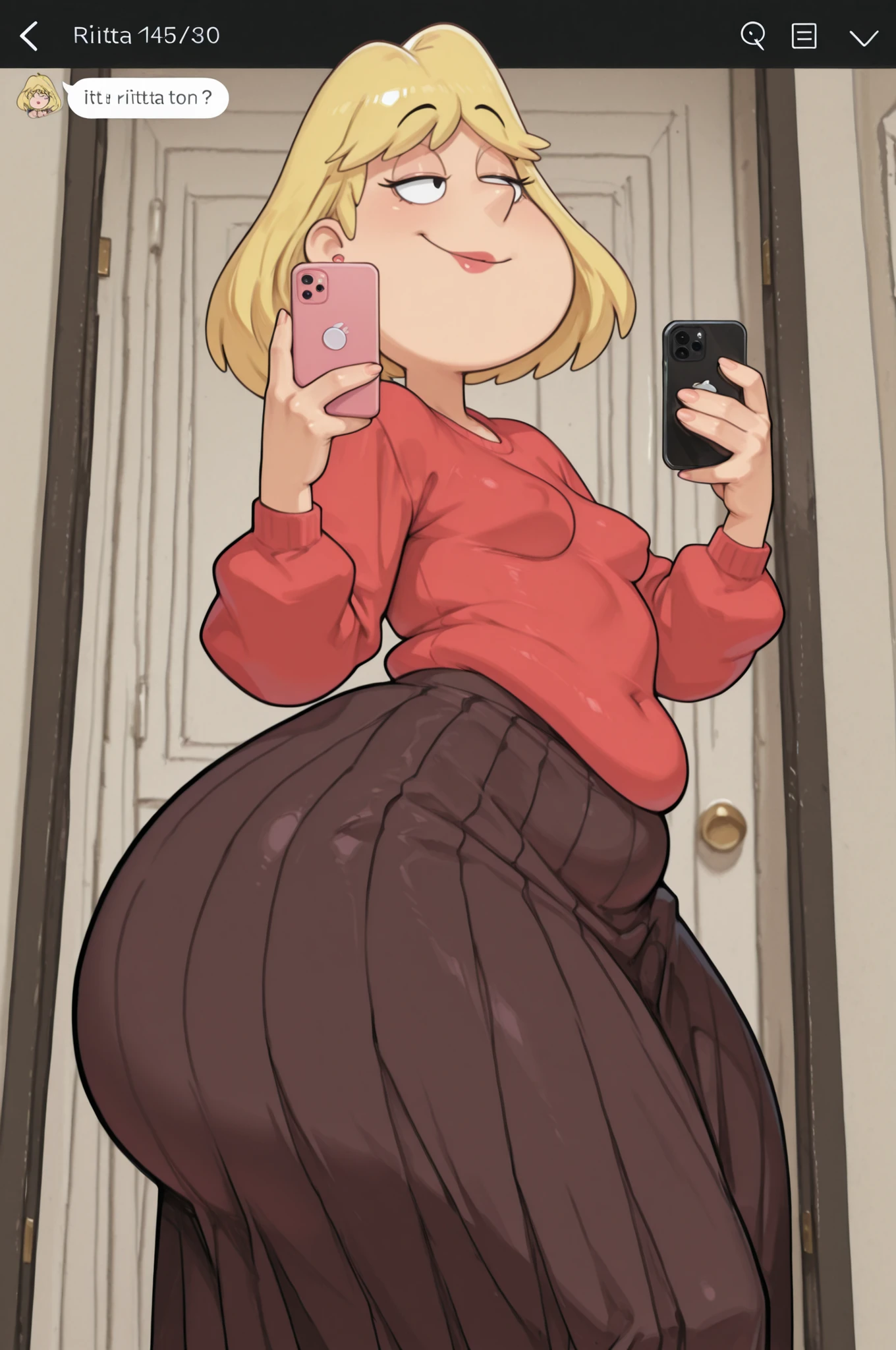 rita loud, mature woman, blonde hair, solo, short hair, small breasts, gigantic hips. gigantic ass. earrings, fat. | masterpiece, best quality, amazing quality, 1girl, pleased long skirt, bedroom background,, sweater, low angle, lisc1, line \(naver\), chat log, timestamp, phone screen,, phone, cellphone, solo, holding, selfie, holding phone, smartphone,, pov, pov hands,