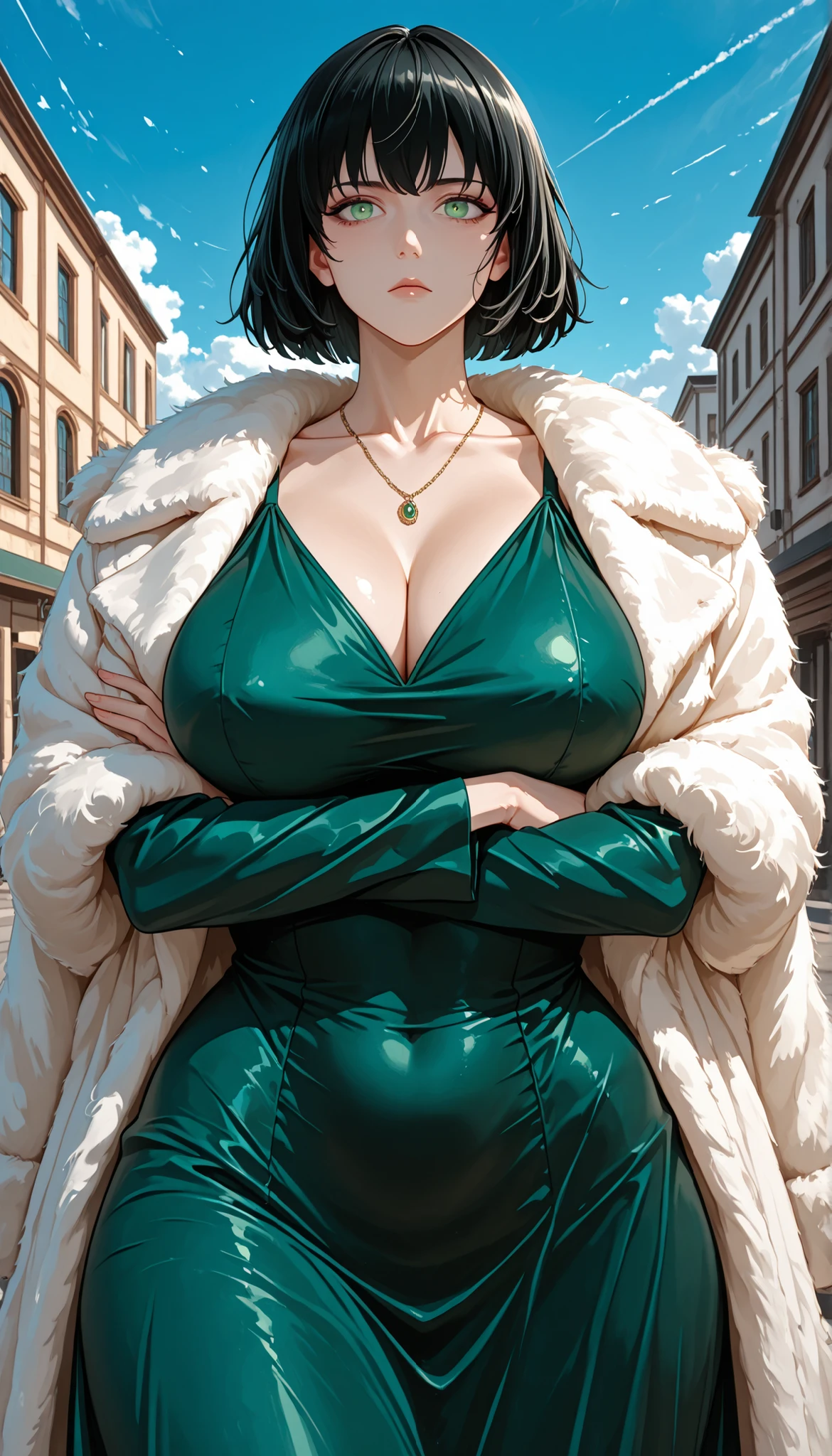 Fubuki, (green fur), [black fur], (Perfect eyes:1.3),green eyes, dress, long sleeves, jewelry, collar, green dress, (fur shelter:1.2), taut dress, tight clothing, Covered navel, shelter (realist:1.5), (venusbody), (giant breasts:1.4), (Wide hips:1.3), (thick thighs:1.4), (((Best Quality)), ((Masterpiece)), (mature woman), photorealist, photorealist face, cinematic light, (cutaneous denture:1), beautiful, female, (Perfect face:1.1), (Perfect eyes, detailed eyes), perfect hands, curves:1.5, narrow waist:1.2, large eyes), (1 girl:1.4, Alone, enfocarse Alone, ((sfw:1.3)), looking at the viewer, dynamic pose,  smile), City, Cityscape, horizon,
