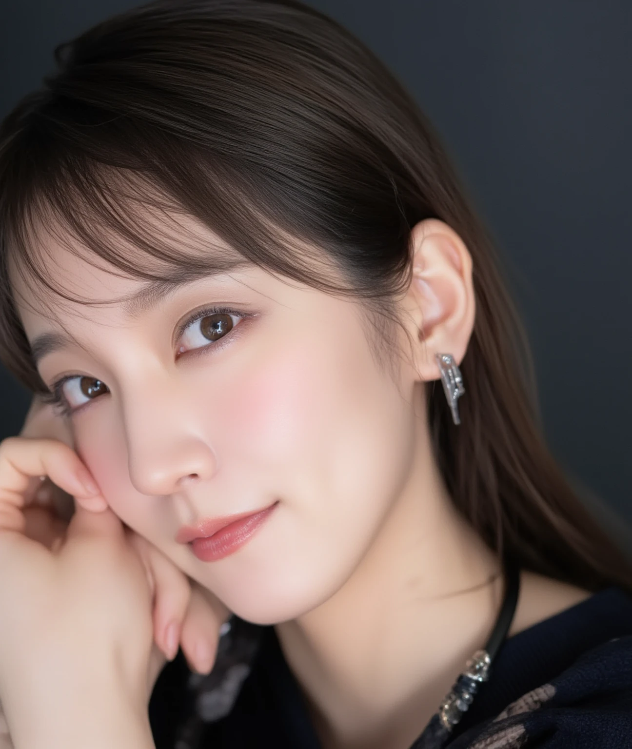 masterpiece, best quality,(realistic, photo-realistic:1.37), Suyu, 1girl, solo, jewelry, brown eyes, looking at viewer, necklace, brown hair, long hair, indoors, shirt, lips, upper body, selfie, bangs, blue shirt, 