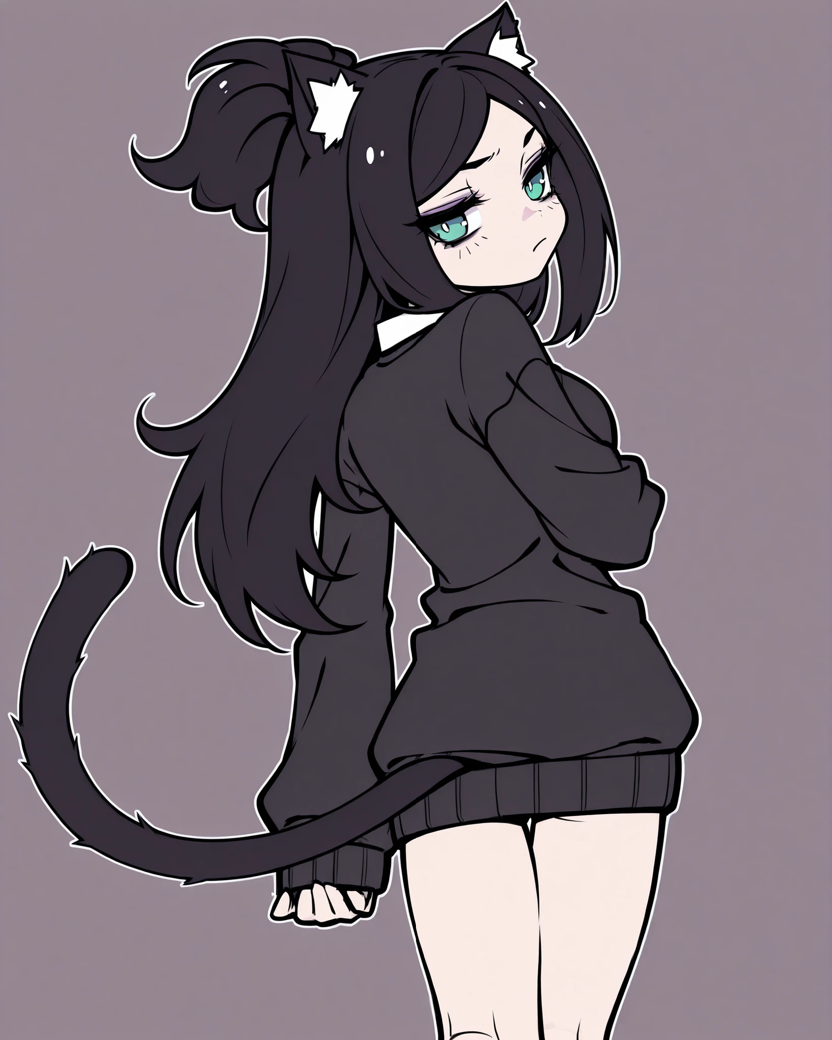 grabbing leg, from behind, legs crossed,grabbing leg, from behind, legs crossed,-goth kemonomimi black cat girl with long black hair, oversized cardigan, neutral expression, clean anime linework, muted solid background, neo tokyo pop style