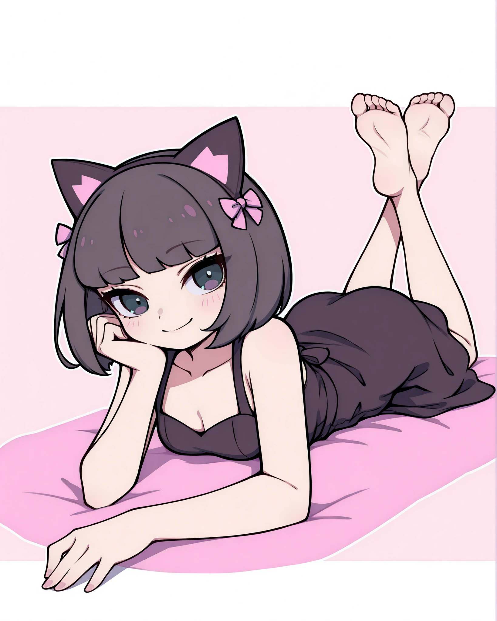 the pose, On the stomach, feet up , lying, Soles , pies, legs up, Headrest, barefoot, neckline, looking at the spectator, lolita girl cat cake with bob cut, small ribbons, soft smile, simple dress, Soft flat colors, background in soft tones neo Tokyo pop style