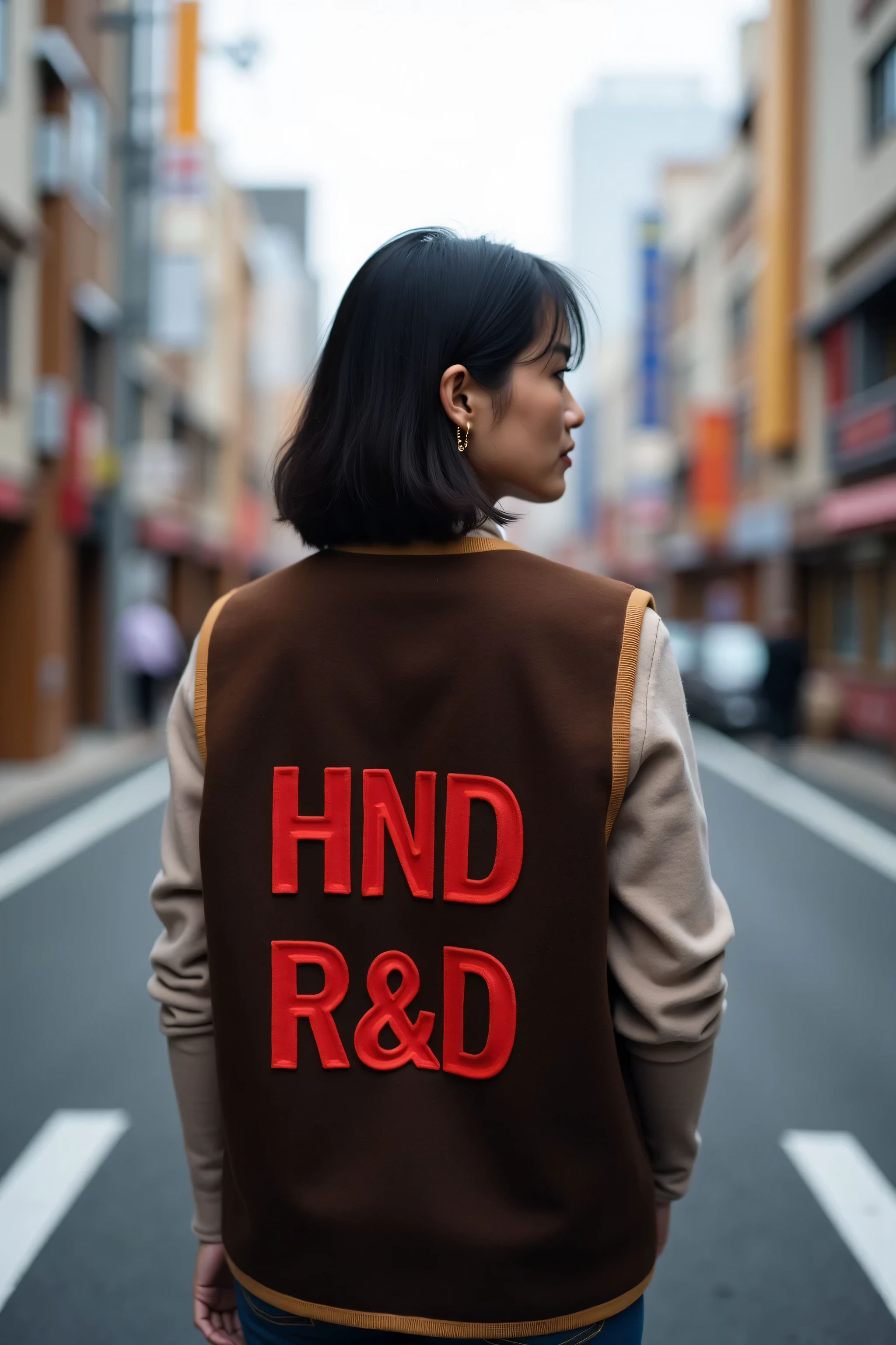 wide angle image of a woman standing on the side of a street in a futuristic tokyo town, the woman is asian and 29 years old, the woman wears a black and brown wool vest, the vest has red text "HND R&D"
