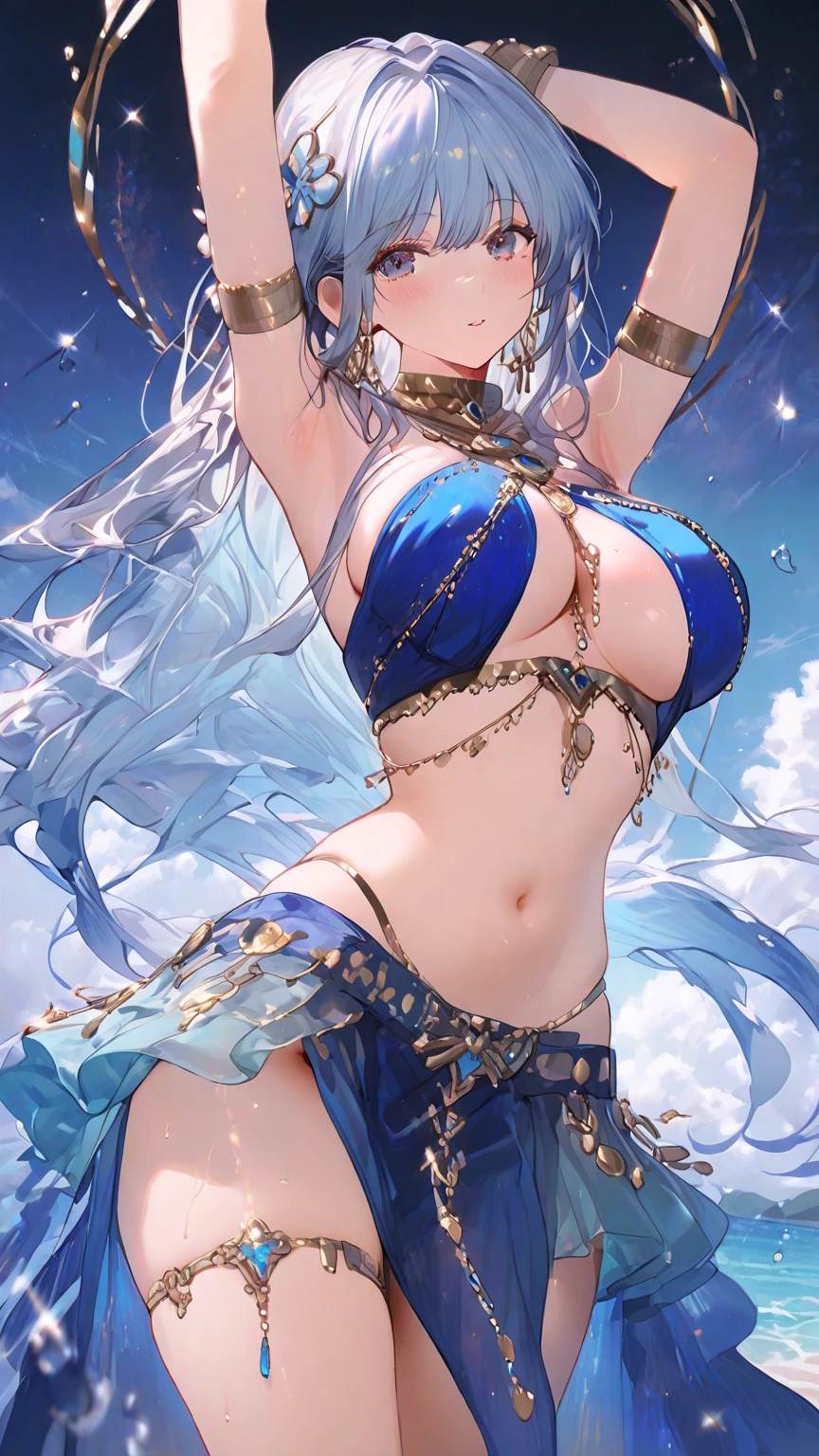 esoteric, 1girl,focus on face, golden_silver, hair spread out,wavy hair,(Gorgeous Cloak:1.2),Soft light,Huge breasts,depth of field (zentangle, mandala, tangle, entangle) (photorealistic:1.4), unity 8k wallpaper, ultra detailed, beautiful and aesthetic, masterpiece,best quality, (dynamic angle:1.4), glowing skin, (floating colorful sparkles:1) the most beautiful form of chaos, elegant, vivid colours, romanticism, navel, thigh gap,Flat and Zen Chinese Illustration style , 