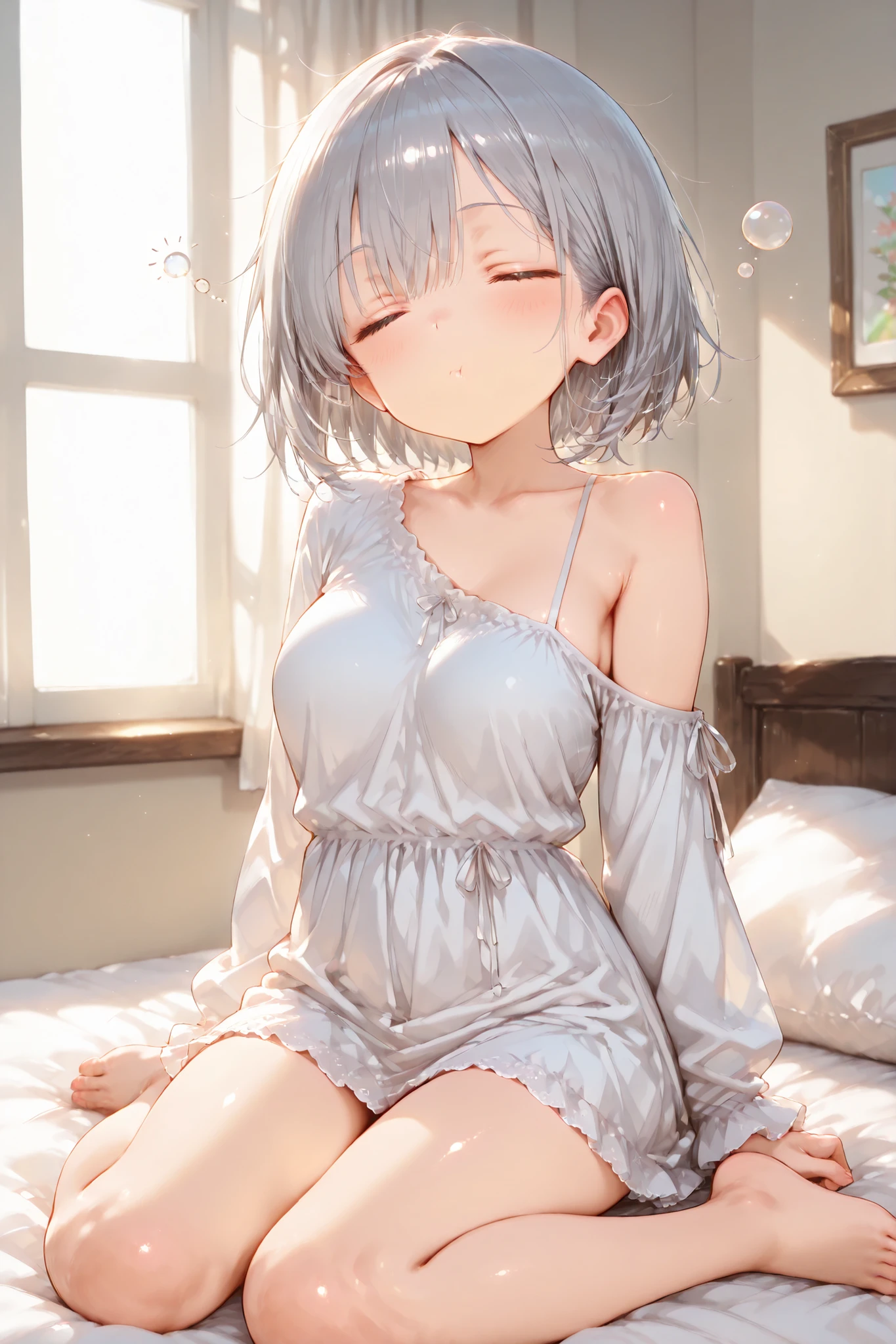 Shiny skin, Babe, character, haruone.
masterpiece, best quality, ultra detailed, high resolution, 8k, dynamic lighting.
a cute anime girl, tall body, 7 heads tall, very slim waist, curvy figure, slender figure, soft curves, medium-large breasts.
short silver wolf-cut hair, bob length, single hairstyle only, sharp eyes, silver eyes.
# expression.
sleepy morning expression.
closed mouth, mouth yawn with wavy yawn-mouth shape.
eyes fully closed.
soft relaxed cheeks.
# outfit.
Silver off-shoulder mini dress.armpit.
(asymmetric neckline exposing one shoulder:1.3). (sheer long sleeves:1.3).
soft stretchy fabric, youthful silhouette.
slightly flared skirt line, minimal frills.
# pose.
wariza sitting pose on the bed.
one arm stretched straight upward for a sleepy morning stretch.
other hand resting loosely near the lap.
body slightly leaning back from the stretch.
sleepy relaxed posture.
dynamic angle.
# background.
on a bed with soft white sheets.
gentle warm morning light entering the room.
# effects.
small sleepy bubble anime effect near the mouth.
soft tiny breath puff.
warm early-morning atmosphere.
# outline.
fine line art, delicate line drawing, thin outlines, clean outlines, minimal noise.