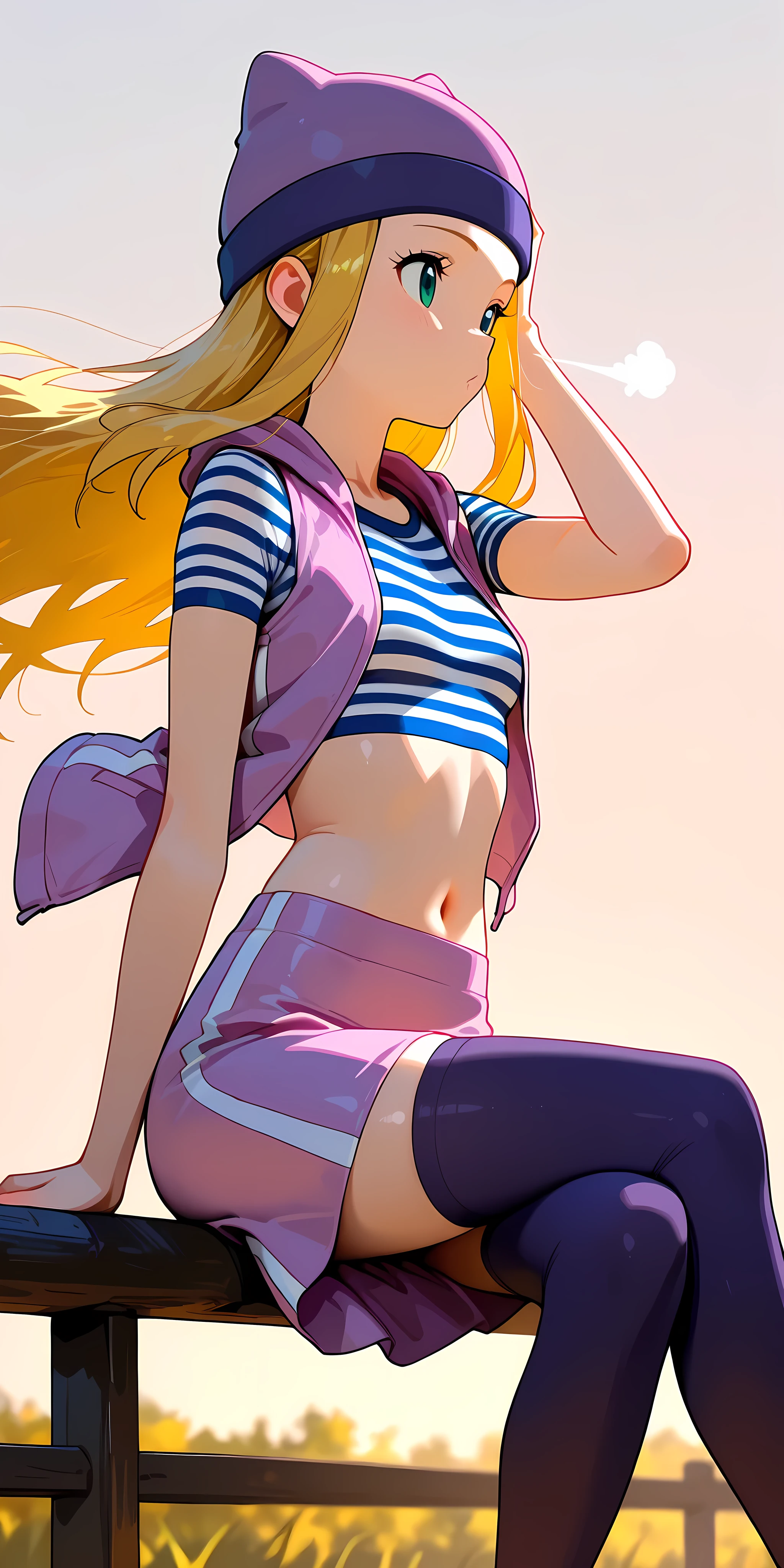masterpiece, High quality, Ultra detailed, 2d, newest, absurdres, highres, BREAK 1girl, solo, upper body, izumi_orimoto, outdoors, wind blowing very strongly, long hair, blonde hair, hand on the head, green eyes, beanie, purple headwear, small , izumidef, short sleeves, purple vest, striped shirt, crop top, navel, purple skirt, straight skirt, purple thighhighs, sitting on an edge, legs crossed