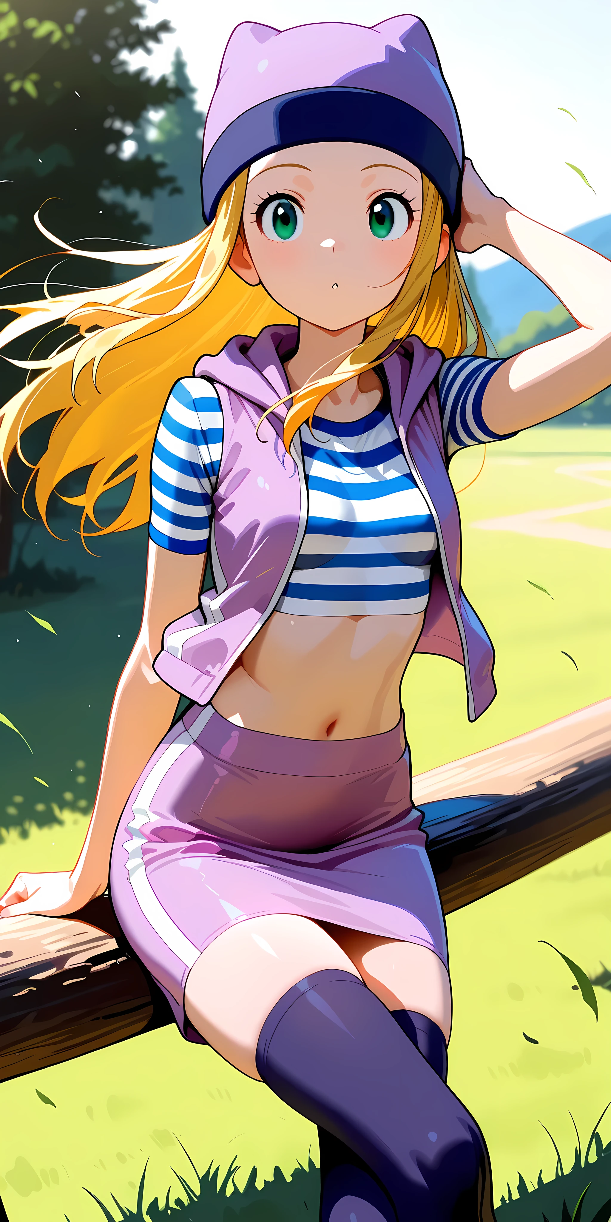 masterpiece, High quality, Ultra detailed, 2d, newest, absurdres, highres, BREAK 1girl, solo, upper body, izumi_orimoto, outdoors, wind blowing very strongly, long hair, blonde hair, hand on the head, green eyes, beanie, purple headwear, small , izumidef, short sleeves, purple vest, striped shirt, crop top, navel, purple skirt, straight skirt, purple thighhighs, sitting on an edge, legs crossed